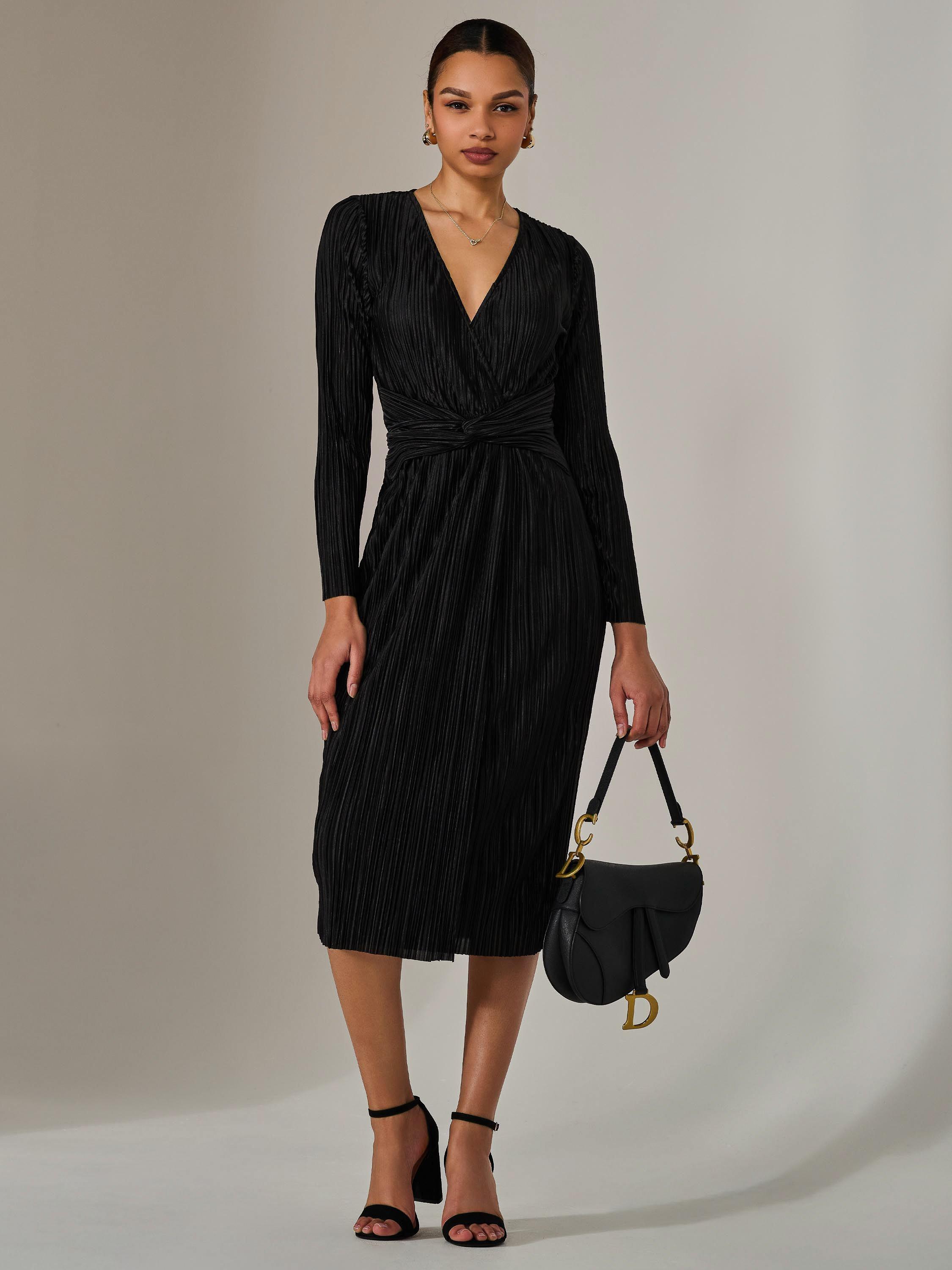 Product image 2 of 6, which shows Jolie Moi Plisse Long Sleeve Midi Dress, Black, 8