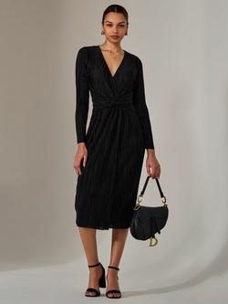 Jolie Moi Plisse Long Sleeve Midi Dress, Black - view 2, Black