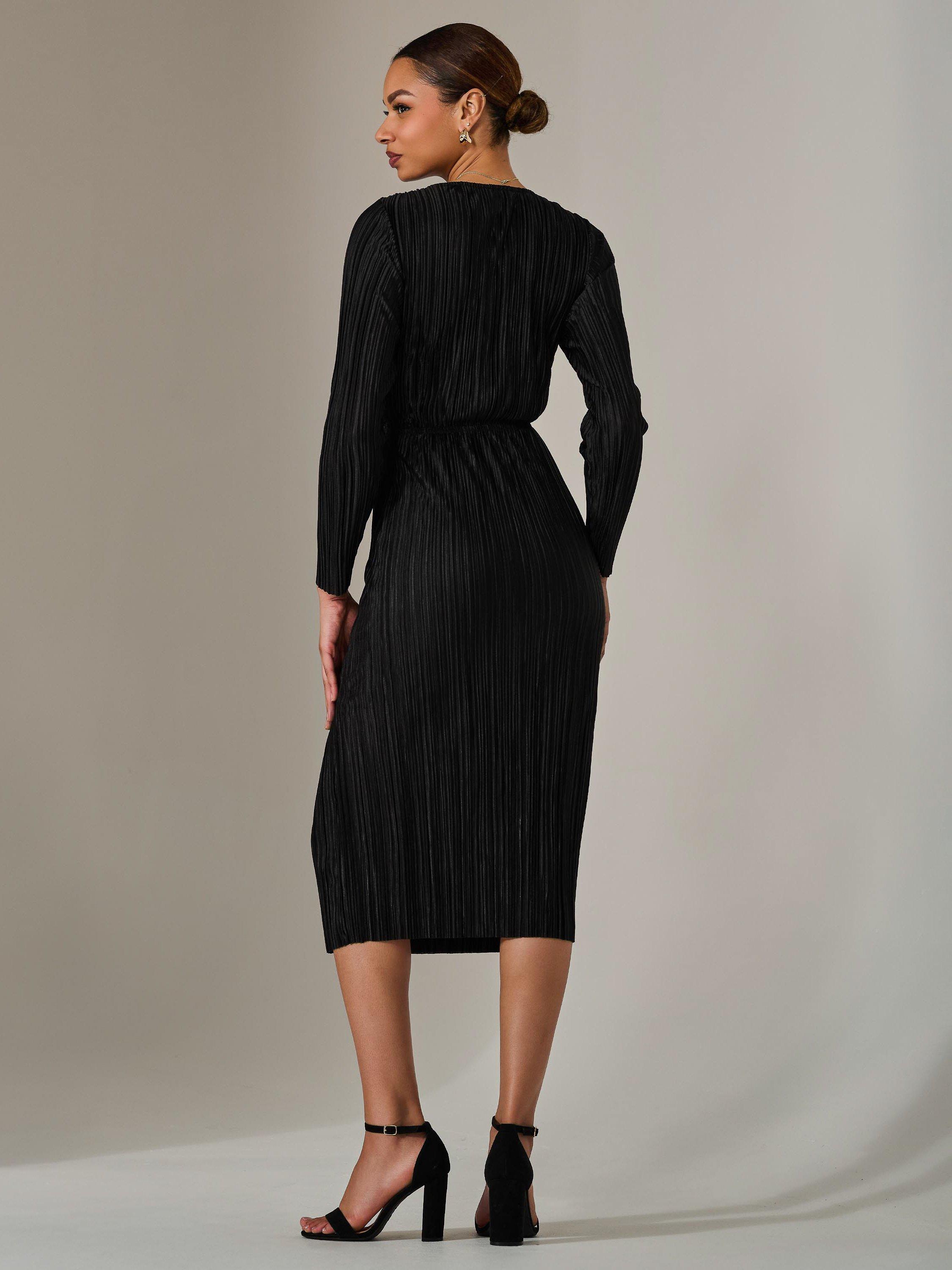Product image 3 of 6, which shows Jolie Moi Plisse Long Sleeve Midi Dress, Black, 8