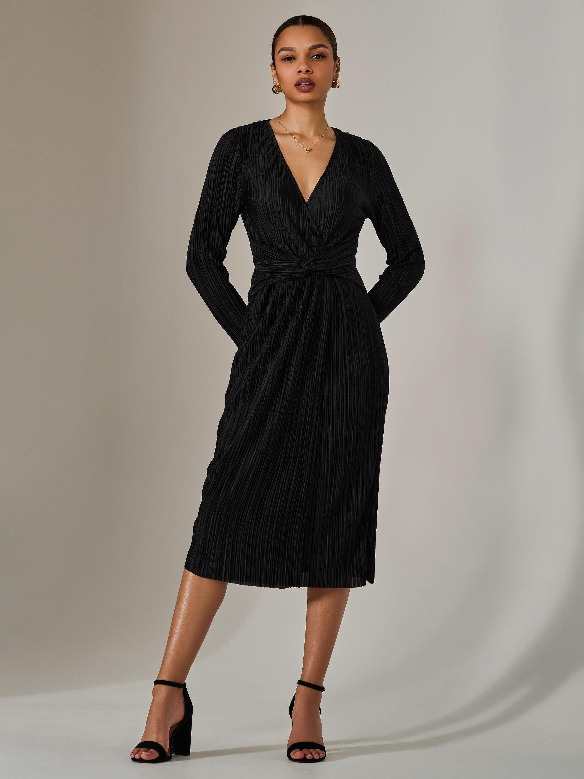 Product image 5 of 6, which shows Jolie Moi Plisse Long Sleeve Midi Dress, Black, 8