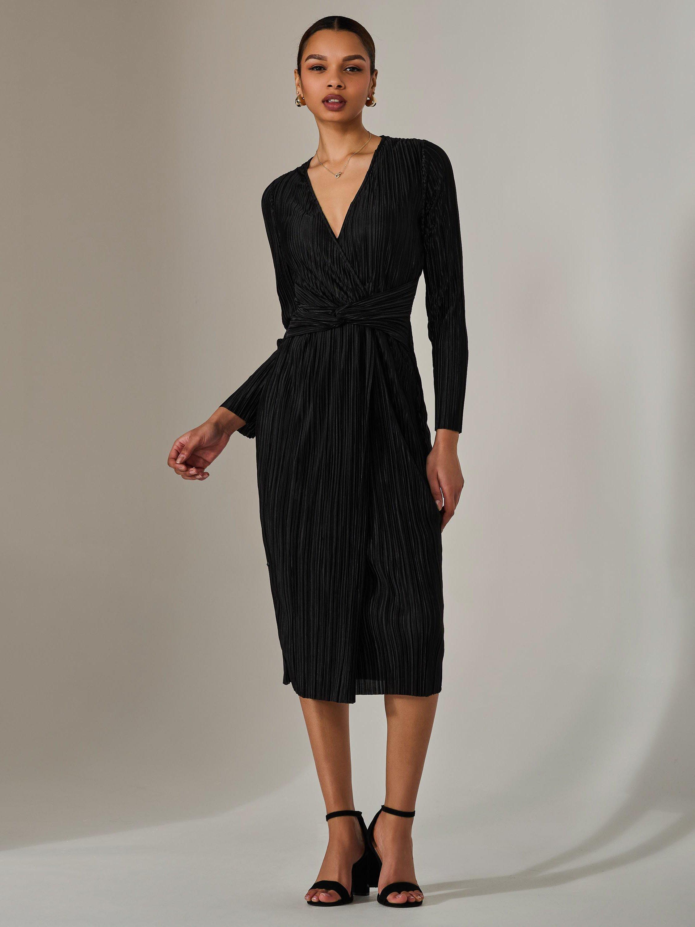 Product image 6 of 6, which shows Jolie Moi Plisse Long Sleeve Midi Dress, Black, 8