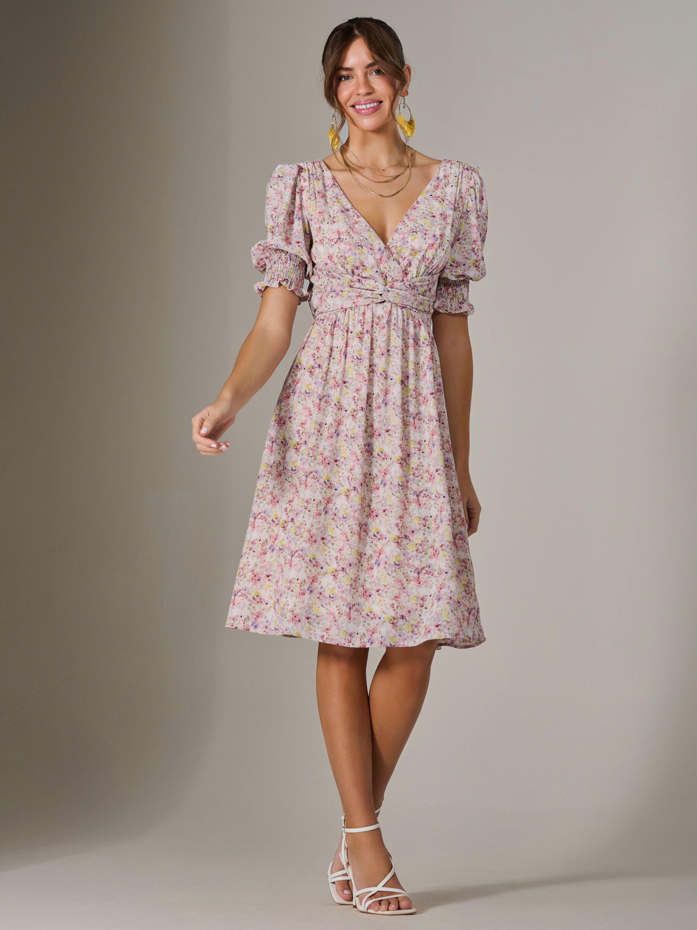 Product image 1 of 6, which shows Jolie Moi Floral Puff Sleeve Midi Dress, Pink, 8
