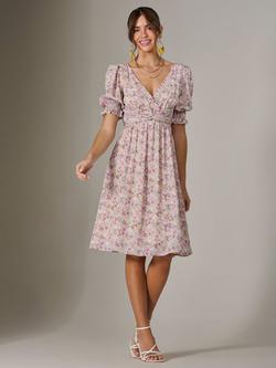 Jolie Moi Floral Puff Sleeve Midi Dress, Pink, Pink