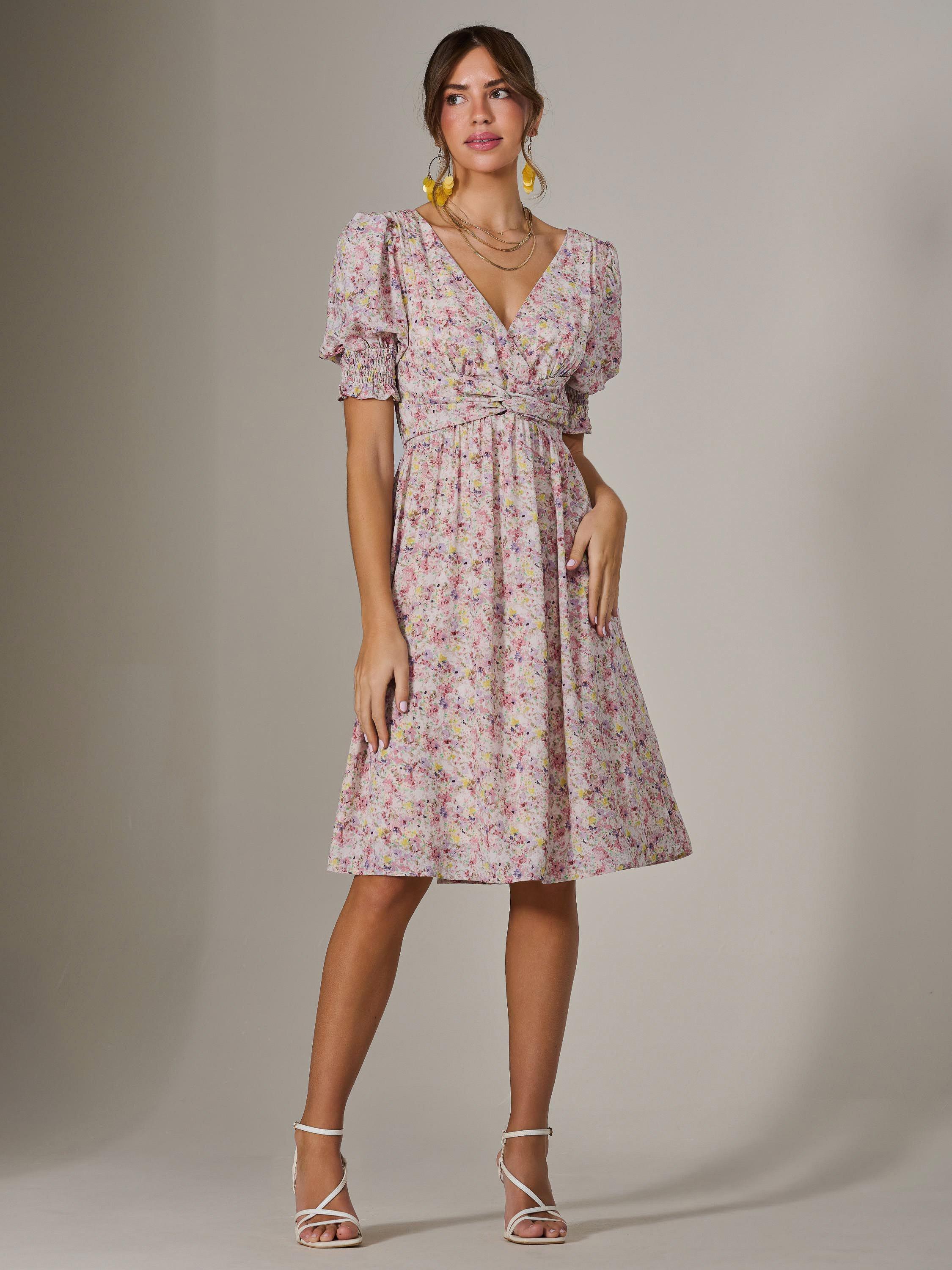 Product image 2 of 6, which shows Jolie Moi Floral Puff Sleeve Midi Dress, Pink, 8