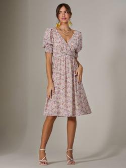 Jolie Moi Floral Puff Sleeve Midi Dress, Pink - view 2, Pink