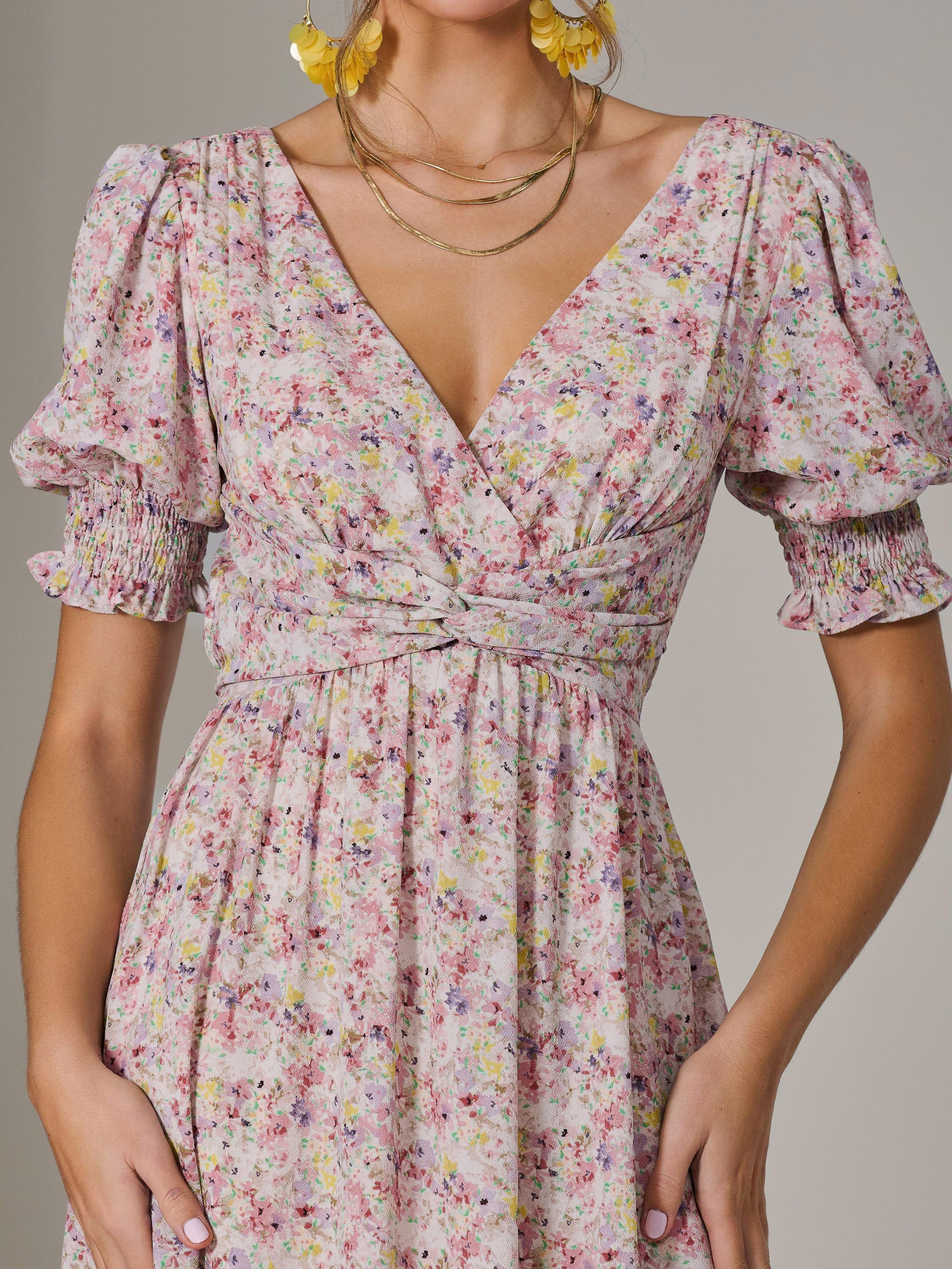 Product image 4 of 6, which shows Jolie Moi Floral Puff Sleeve Midi Dress, Pink, 8