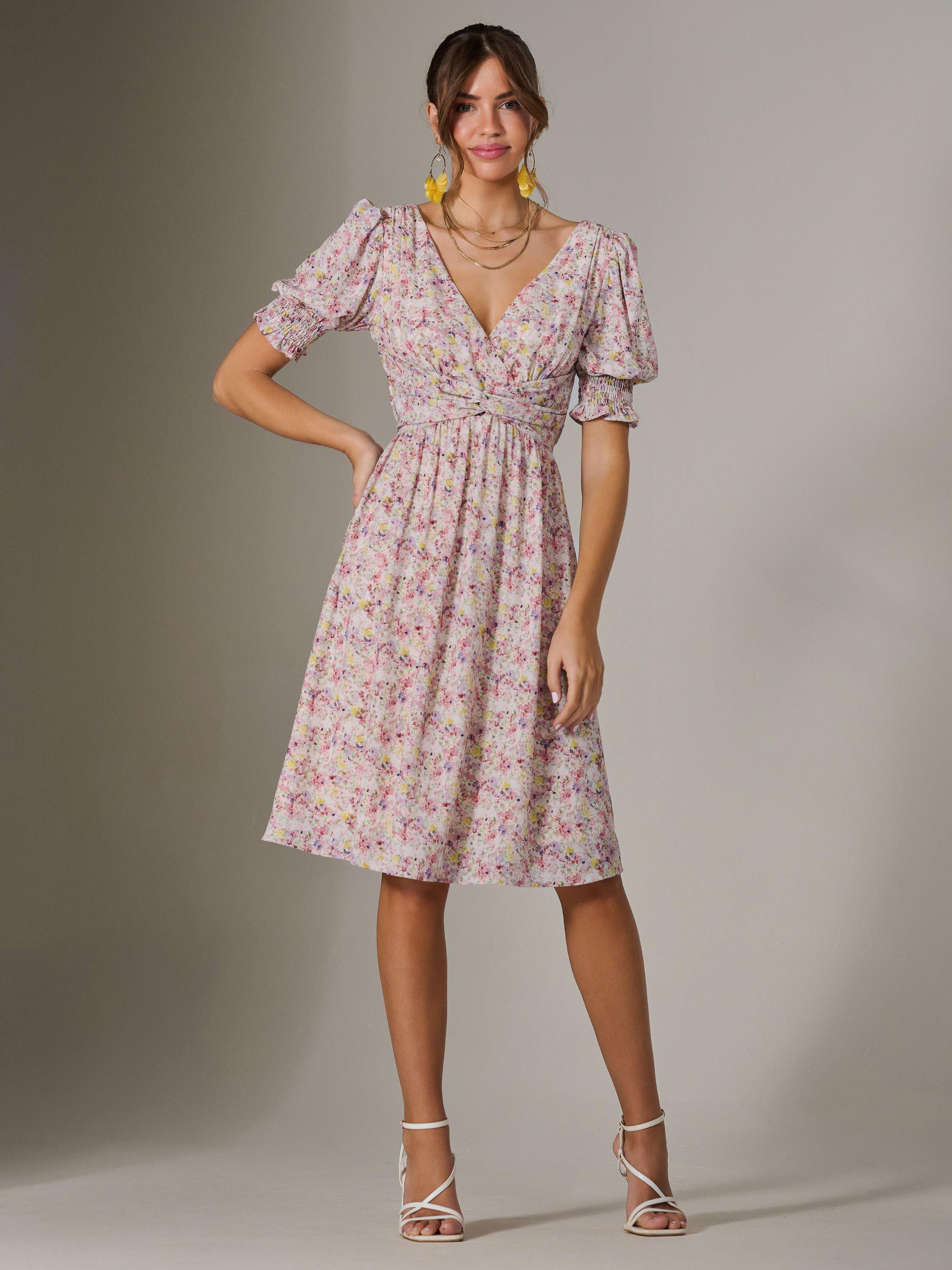Product image 6 of 6, which shows Jolie Moi Floral Puff Sleeve Midi Dress, Pink, 8