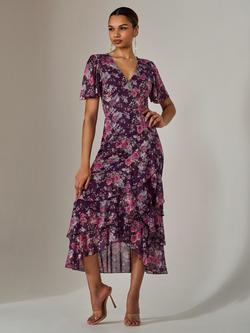 Jolie Moi Floral Mesh Midaxi Dress, Purple, Purple