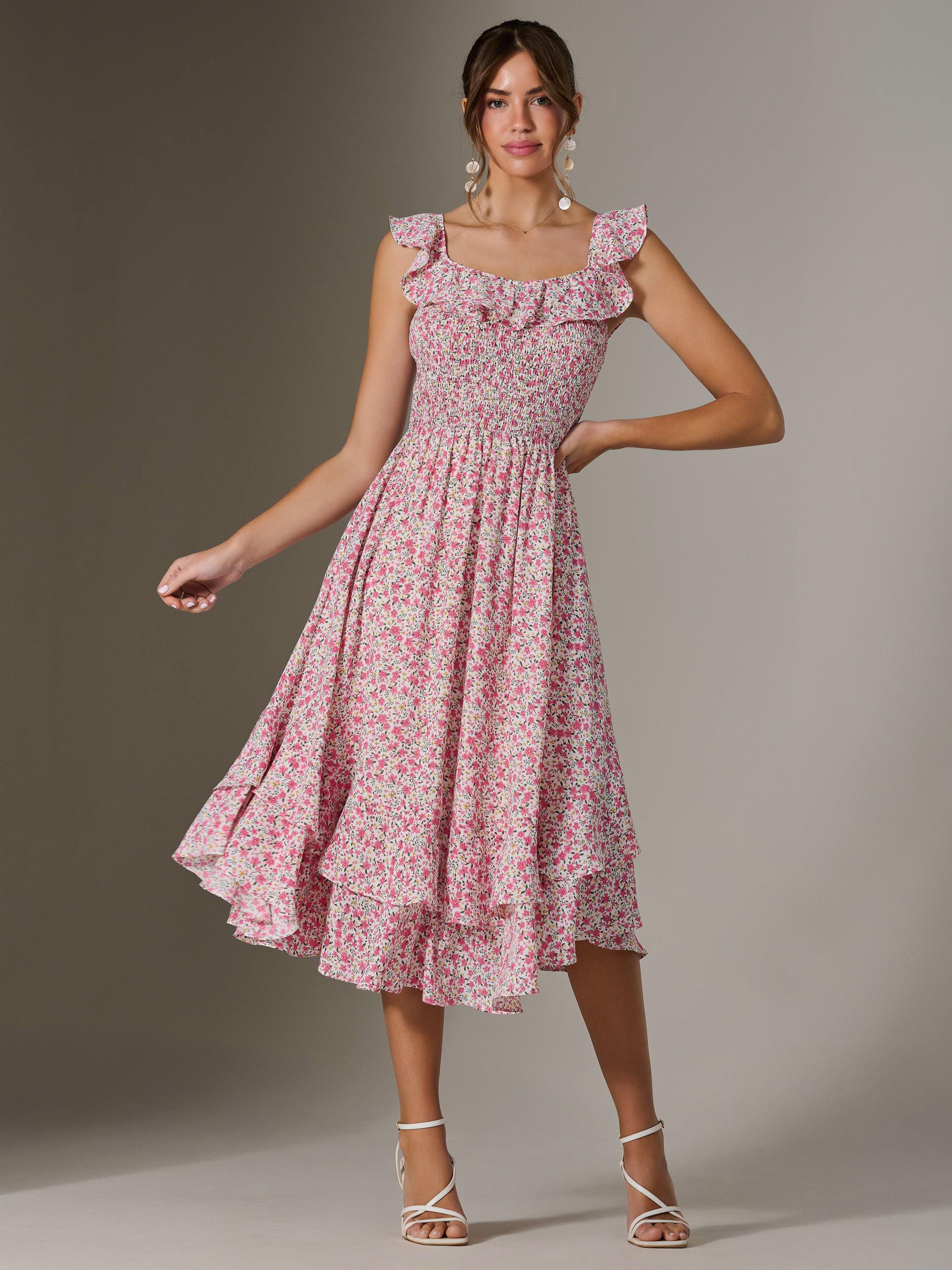 Product image 1 of 6, which shows Jolie Moi Ruffle Shirred Bodice Midi Dress, Pink, 8