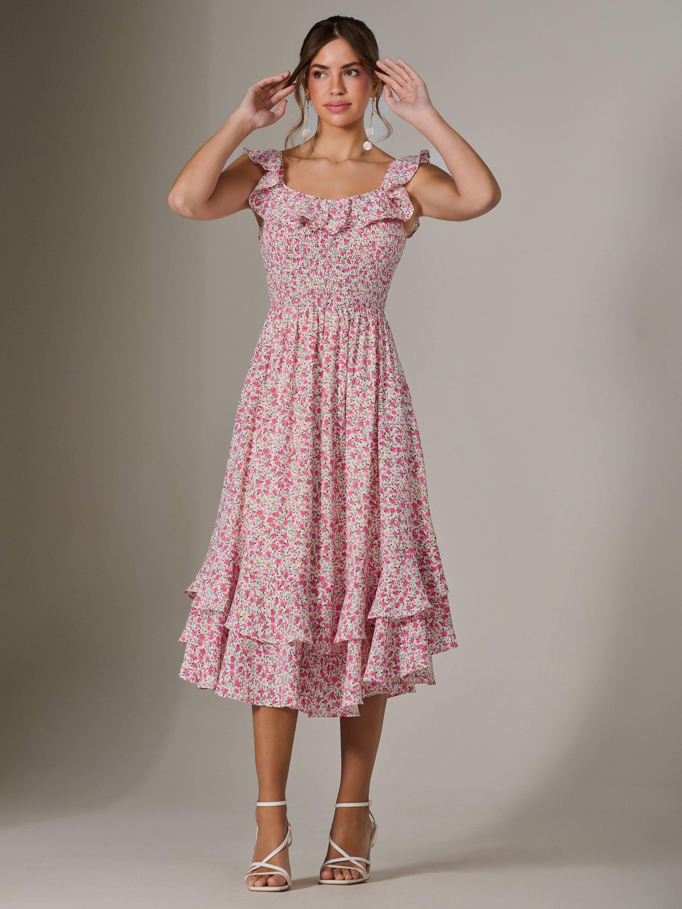 Product image 3 of 6, which shows Jolie Moi Ruffle Shirred Bodice Midi Dress, Pink, 8