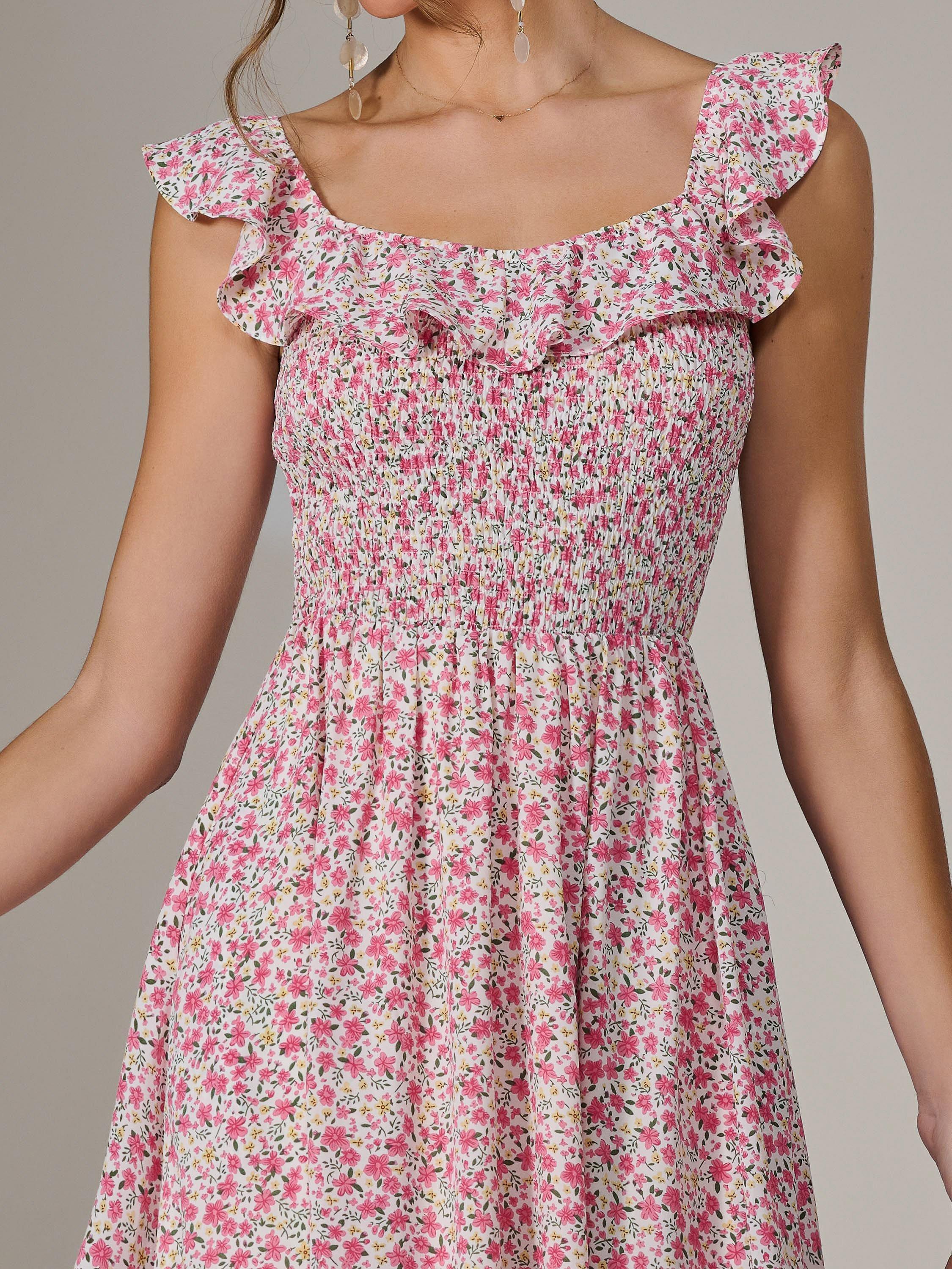 Product image 4 of 6, which shows Jolie Moi Ruffle Shirred Bodice Midi Dress, Pink, 8