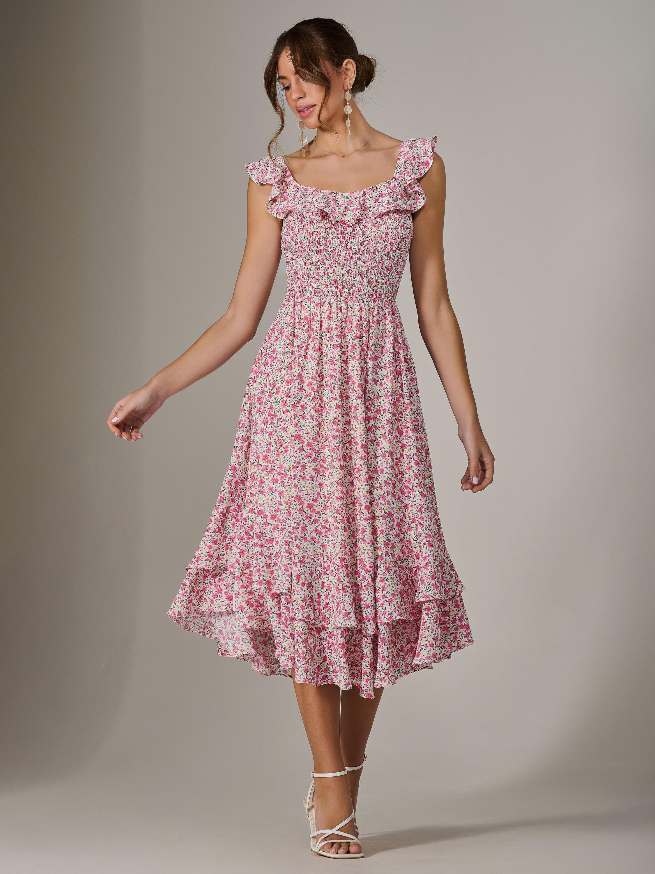 Product image 5 of 6, which shows Jolie Moi Ruffle Shirred Bodice Midi Dress, Pink, 8