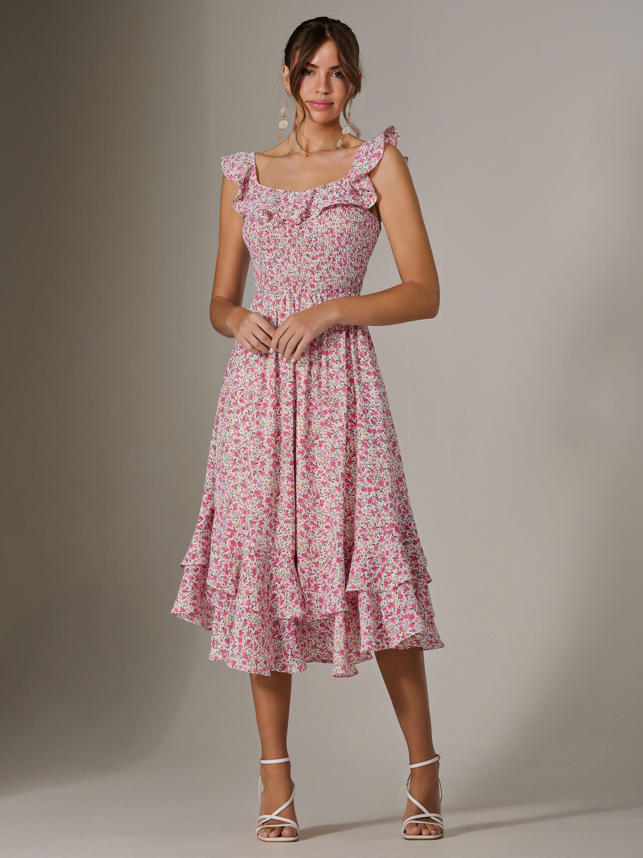 Product image 6 of 6, which shows Jolie Moi Ruffle Shirred Bodice Midi Dress, Pink, 8