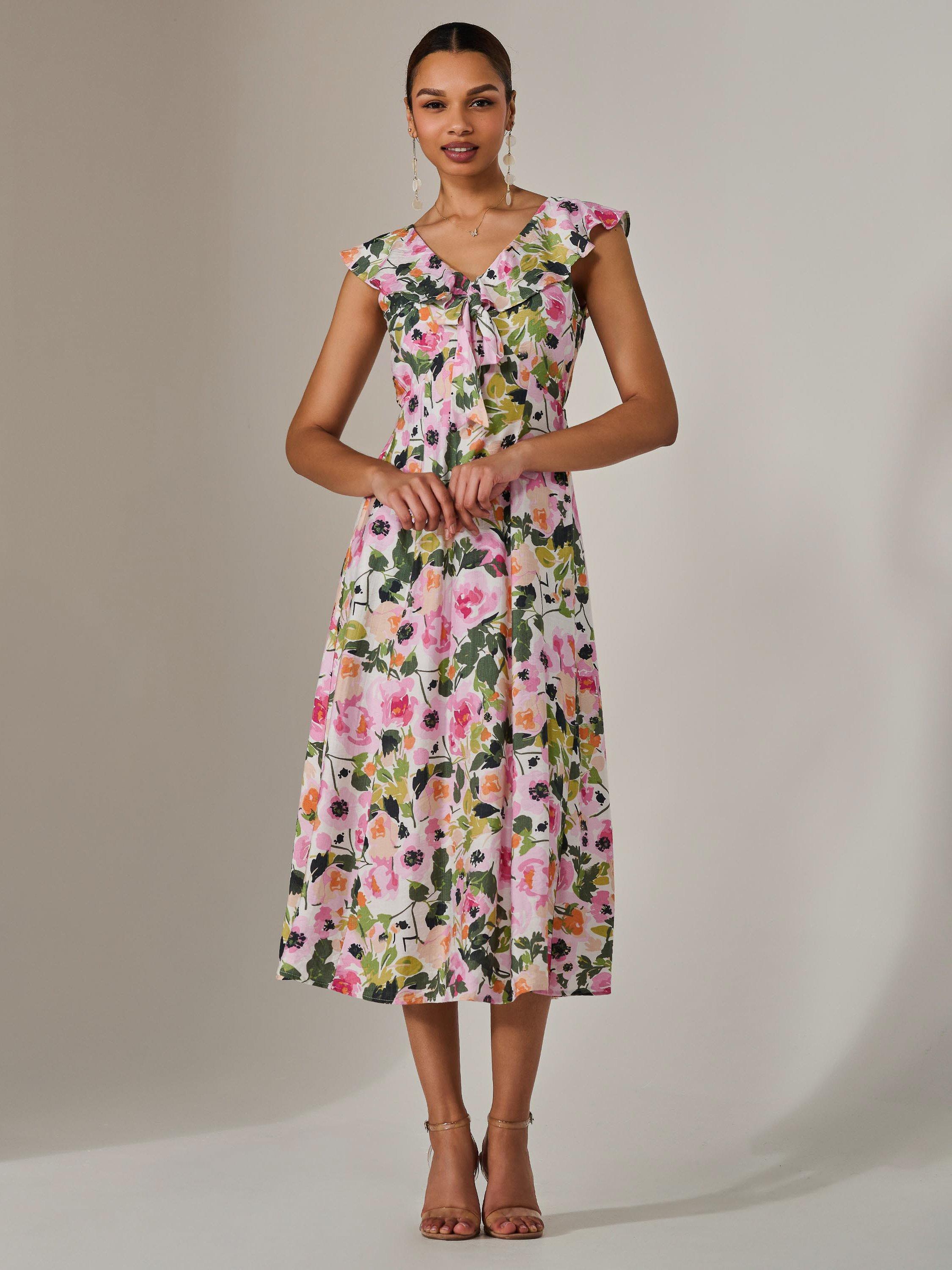 Product image 3 of 6, which shows Jolie Moi V-Neck Frill Midaxi Dress, Multi, 8