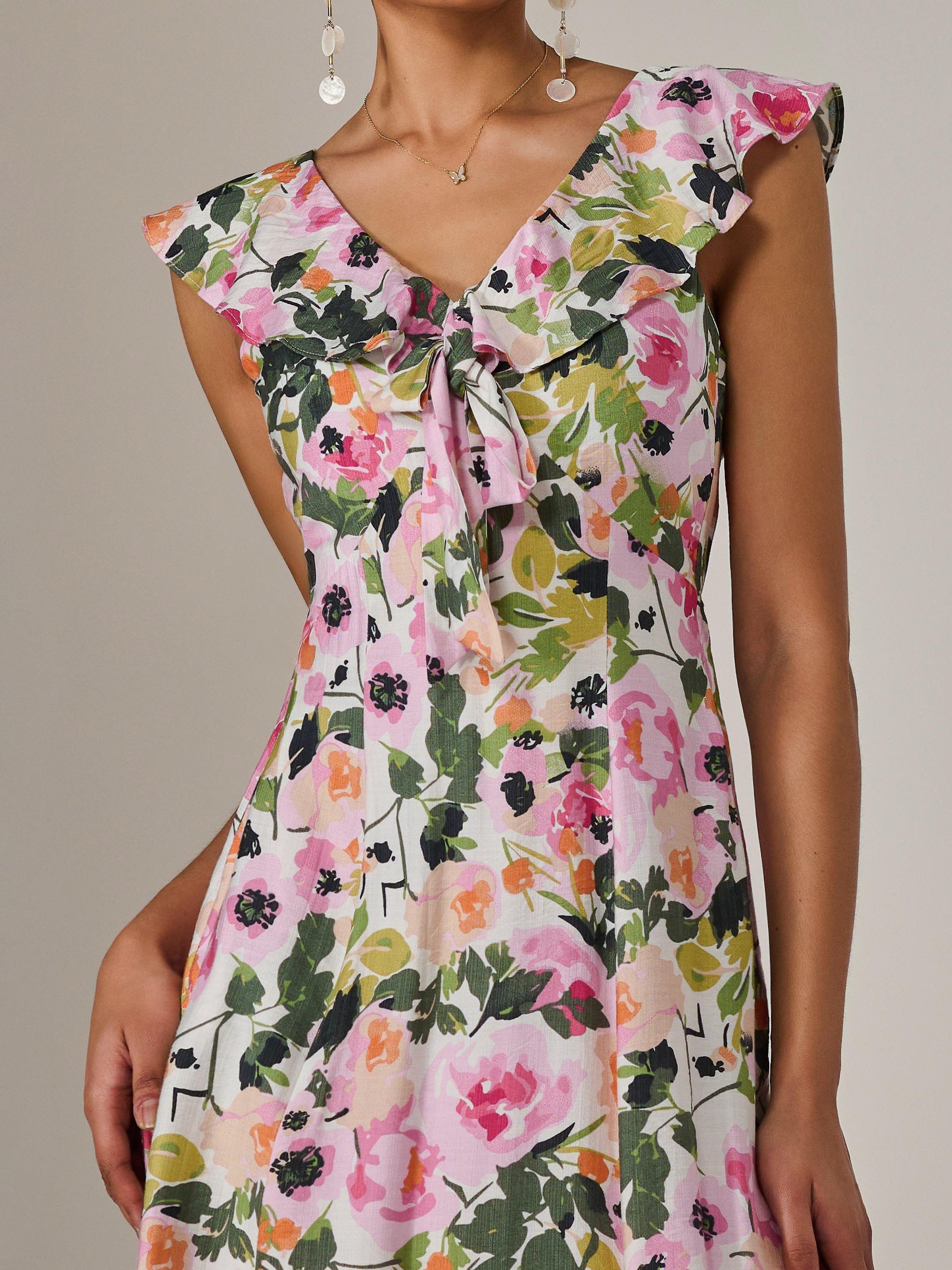 Product image 4 of 6, which shows Jolie Moi V-Neck Frill Midaxi Dress, Multi, 8