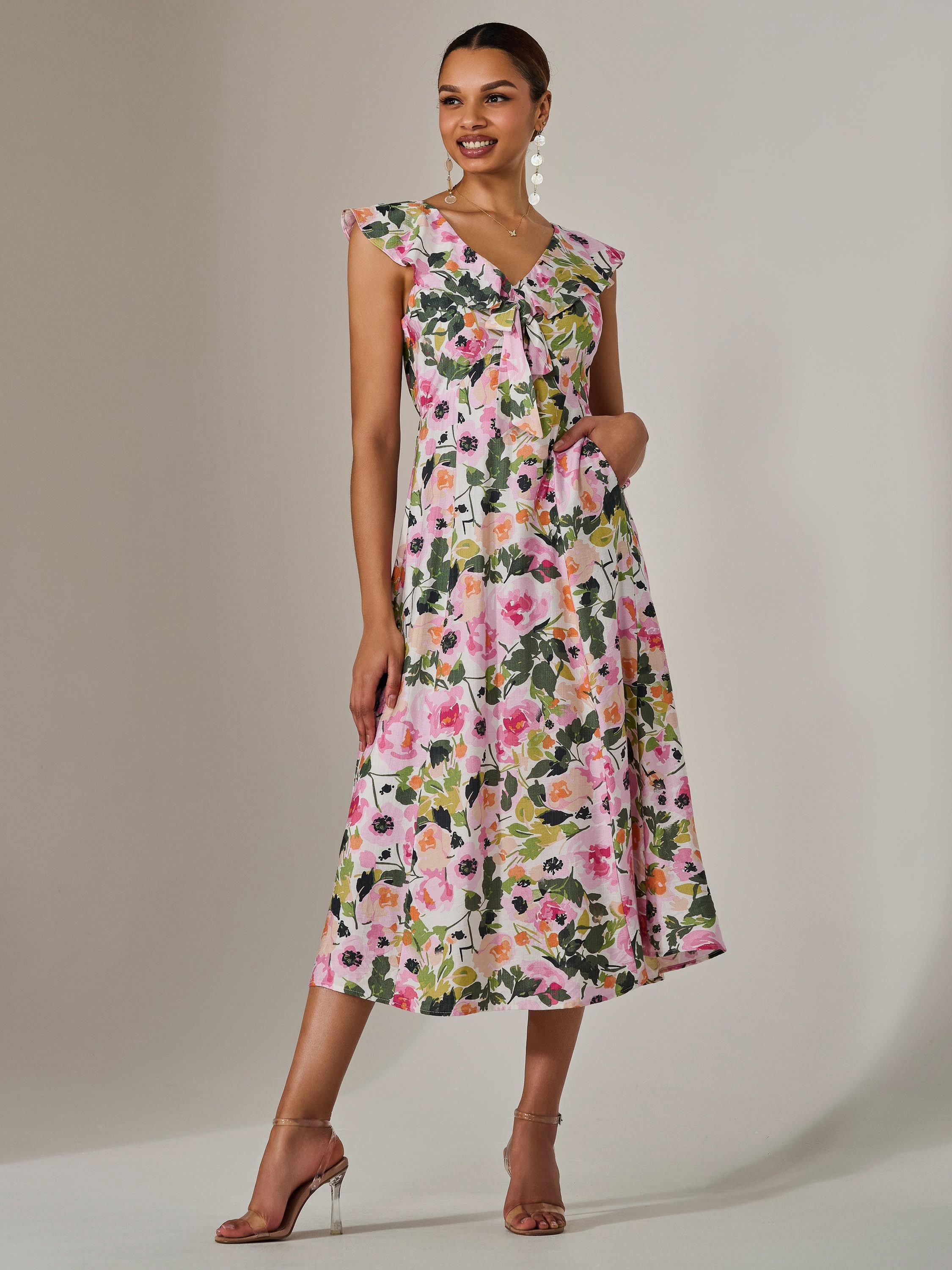 Product image 5 of 6, which shows Jolie Moi V-Neck Frill Midaxi Dress, Multi, 8