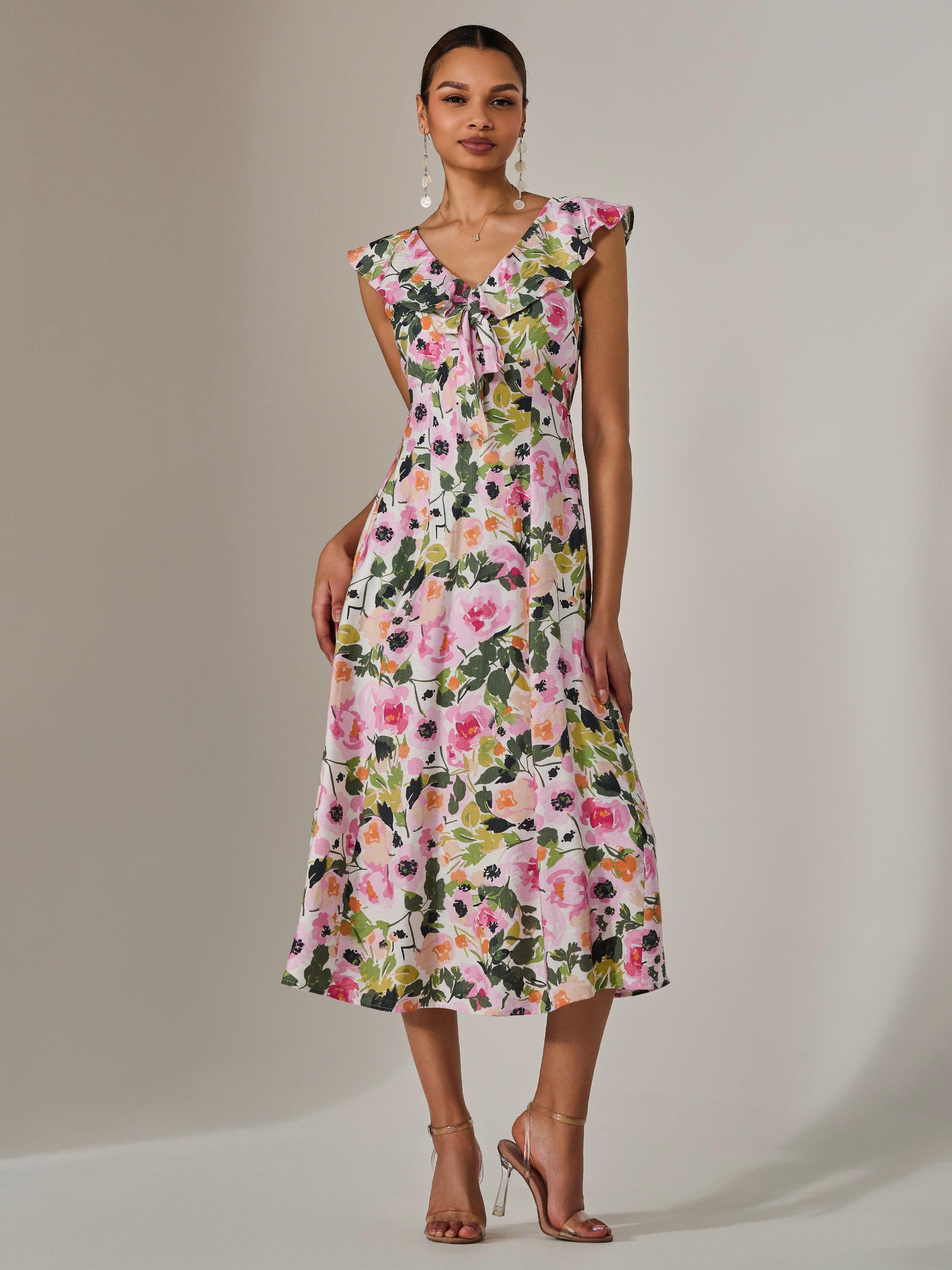 Product image 6 of 6, which shows Jolie Moi V-Neck Frill Midaxi Dress, Multi, 8