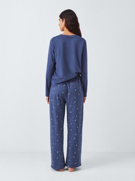 John Lewis Snowflake Bottom Jersey Long Pyjama Set, Navy - view 2, Navy