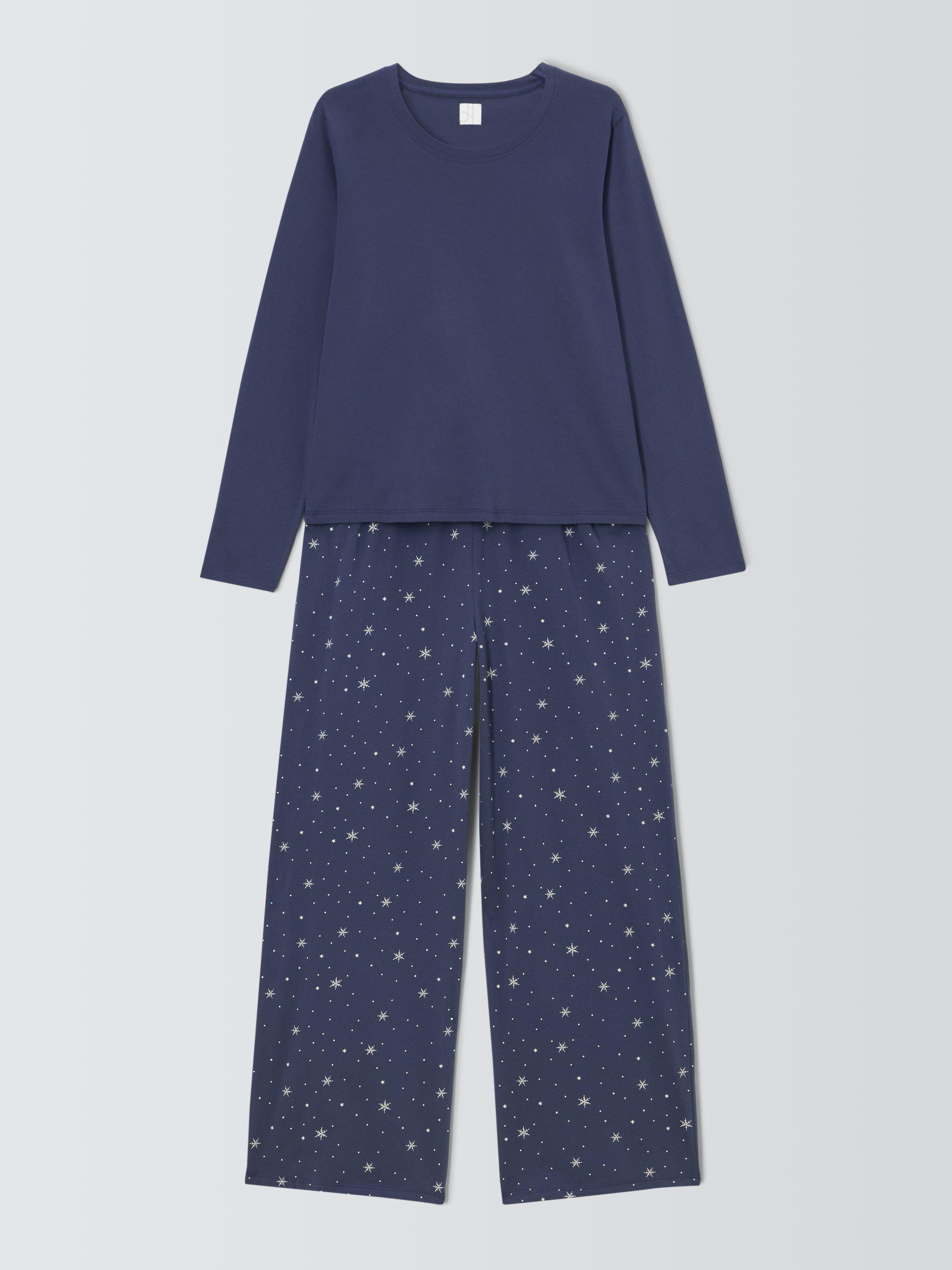 Product image 4 of 6, which shows John Lewis Snowflake Bottom Jersey Long Pyjama Set, Navy, 8