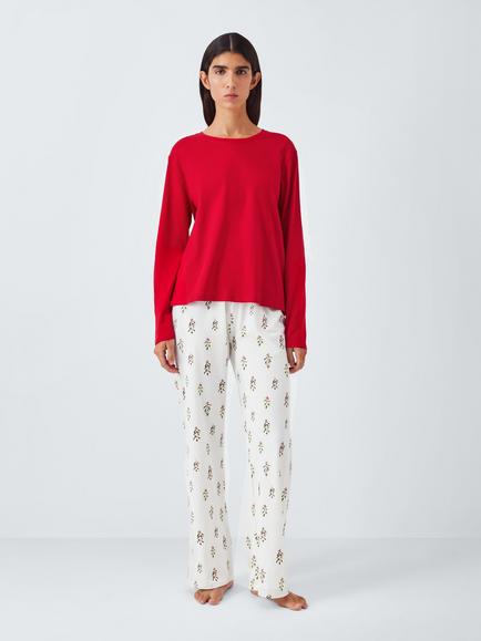 John Lewis Holly Long Wide Leg Pyjama Set, Red/Ivory, Red/Ivory