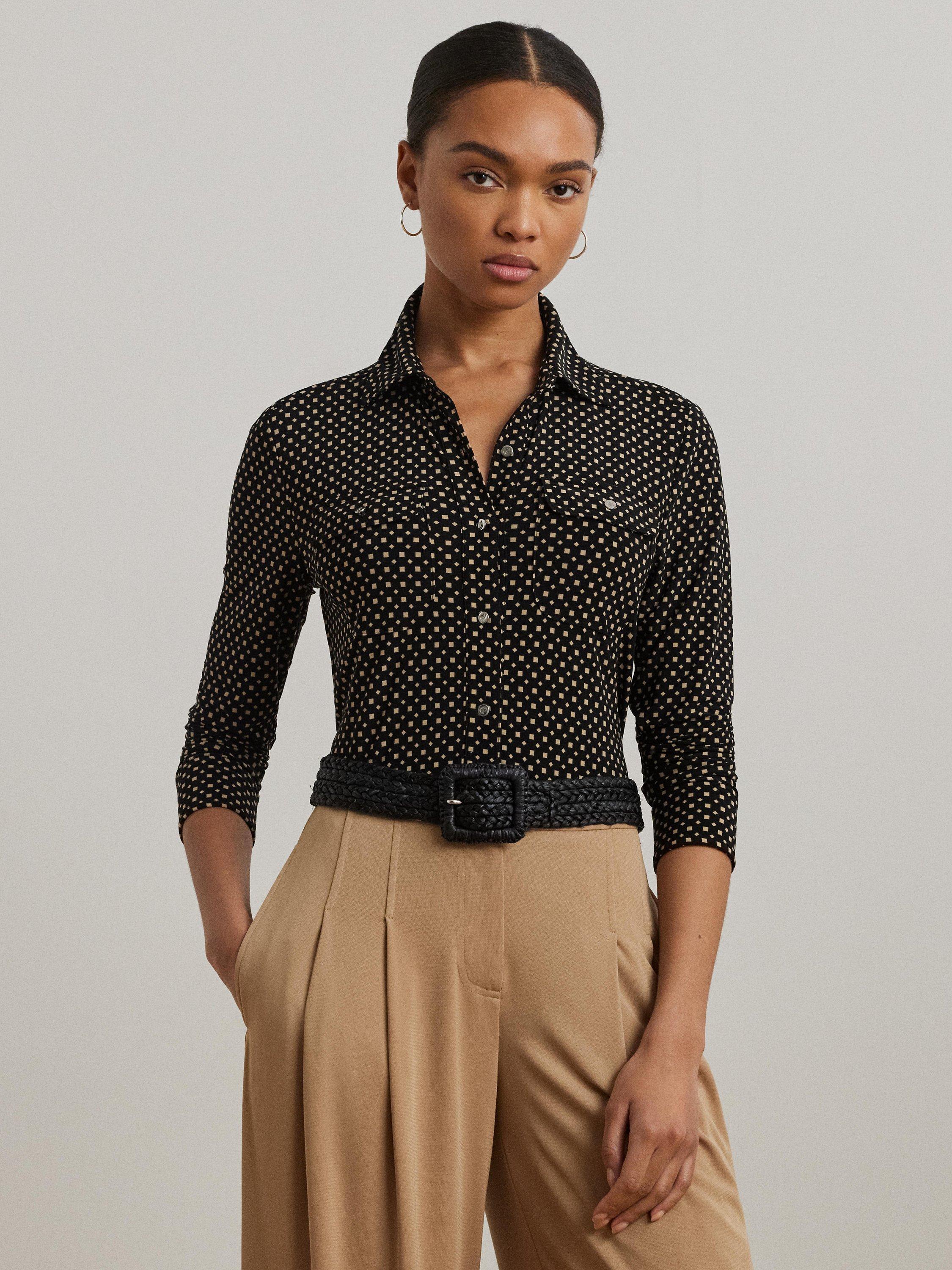 Product image 2 of 4, which shows Lauren Ralph Lauren Geometric Slim Fit Shirt, Black/Brown, XS