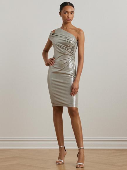 Lauren Ralph Lauren Arethusa One Shoulder Cocktail Dress, Nickel/Silver Foil, Nickel/Silver Foil