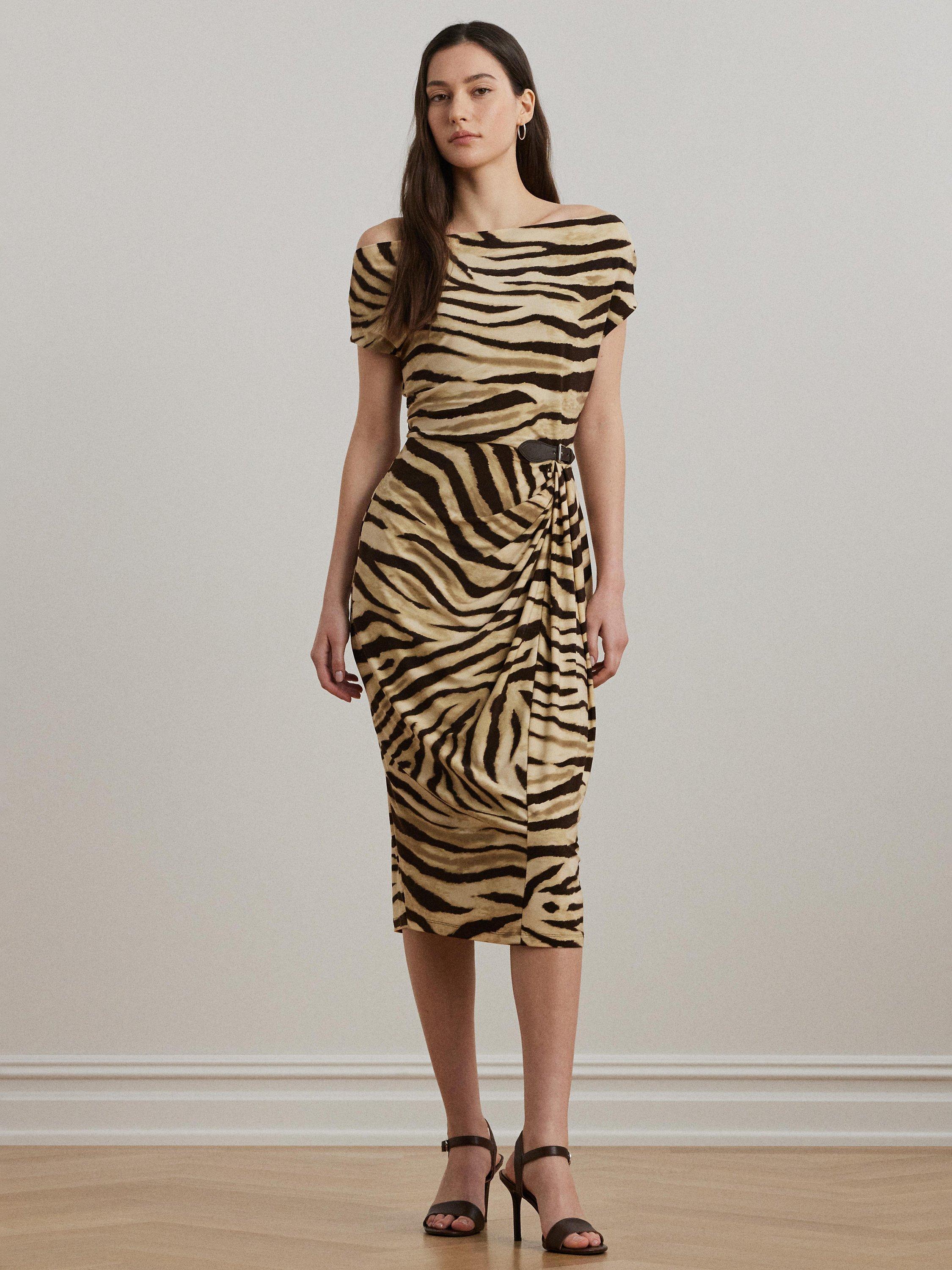 Product image 1 of 4, which shows Lauren Ralph Lauren Hullen Zebra Print Dress, Cream/Brown, 6