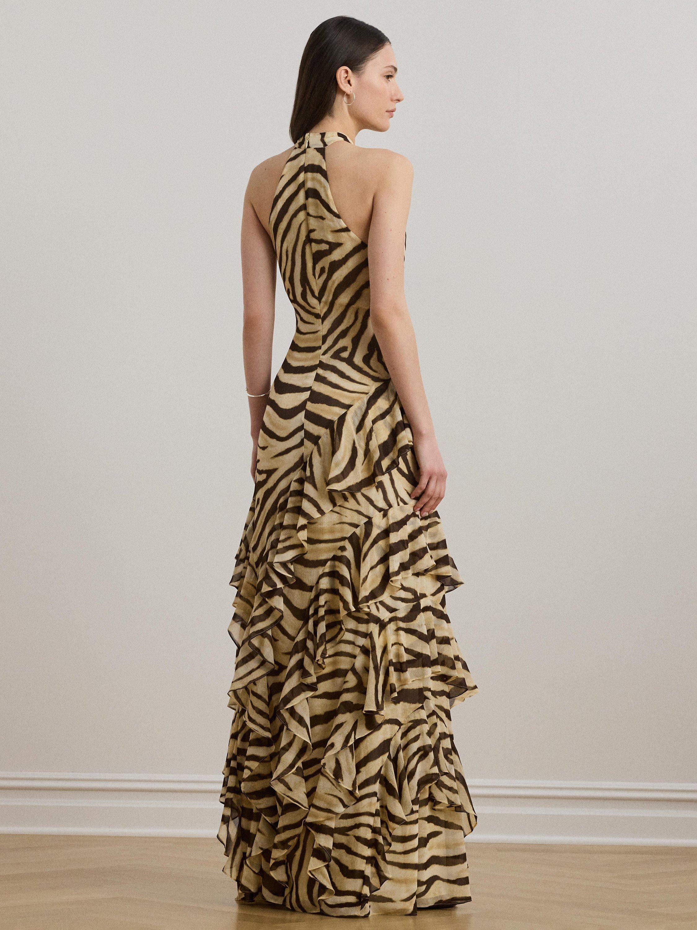 Product image 2 of 4, which shows Lauren Ralph Lauren Haletta Zebra Print Halterneck Dress, Cream/Brown, 6
