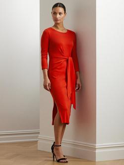 Lauren Ralph Lauren Imalah Cotton Blend Midi Dress, Bright Vermilion, Bright Vermilion