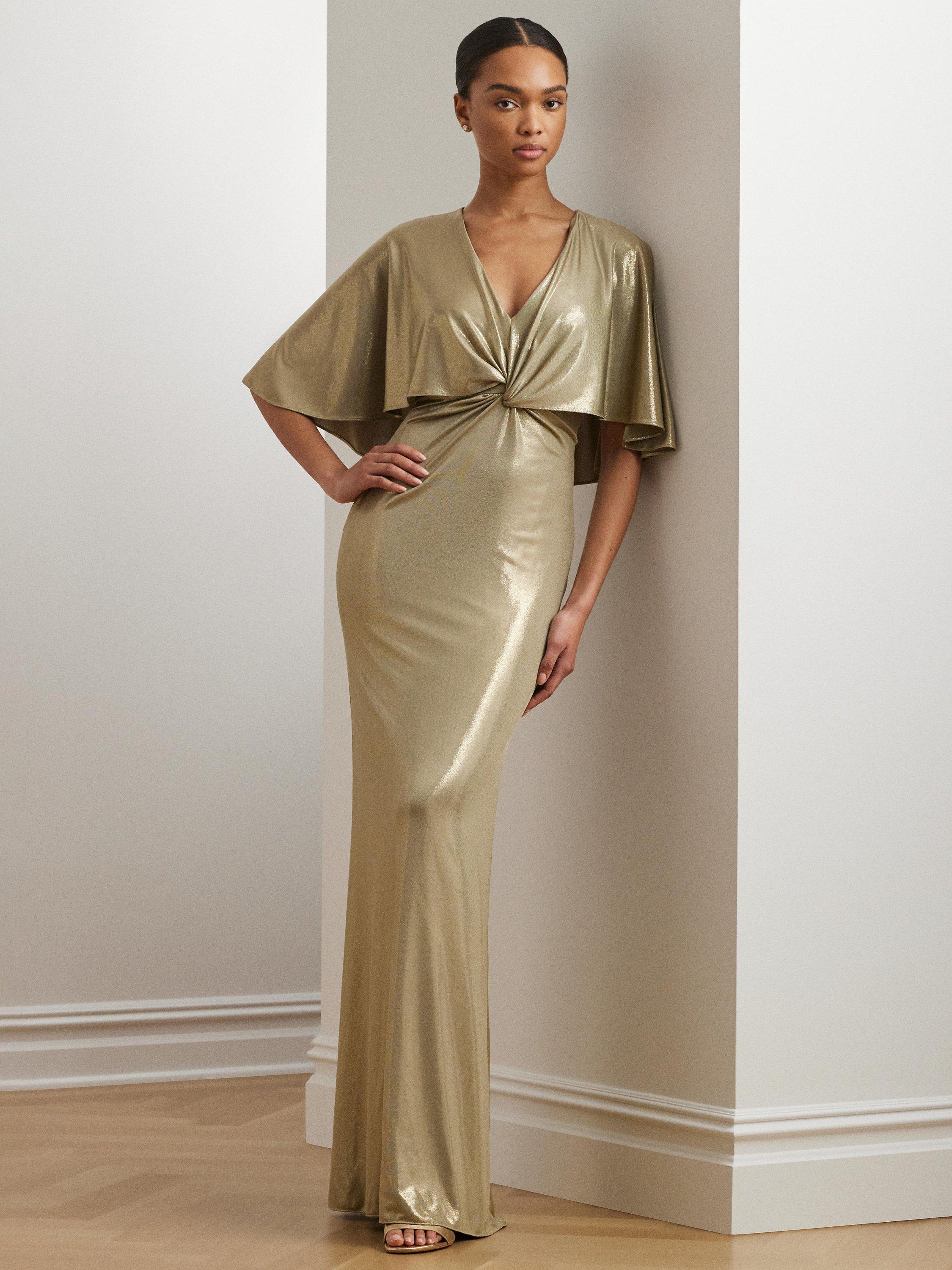 Product image 1 of 4, which shows Lauren Ralph Lauren Phinya Sparkle Twist Front Maxi Dress, Medium Pewter/Gold, 6