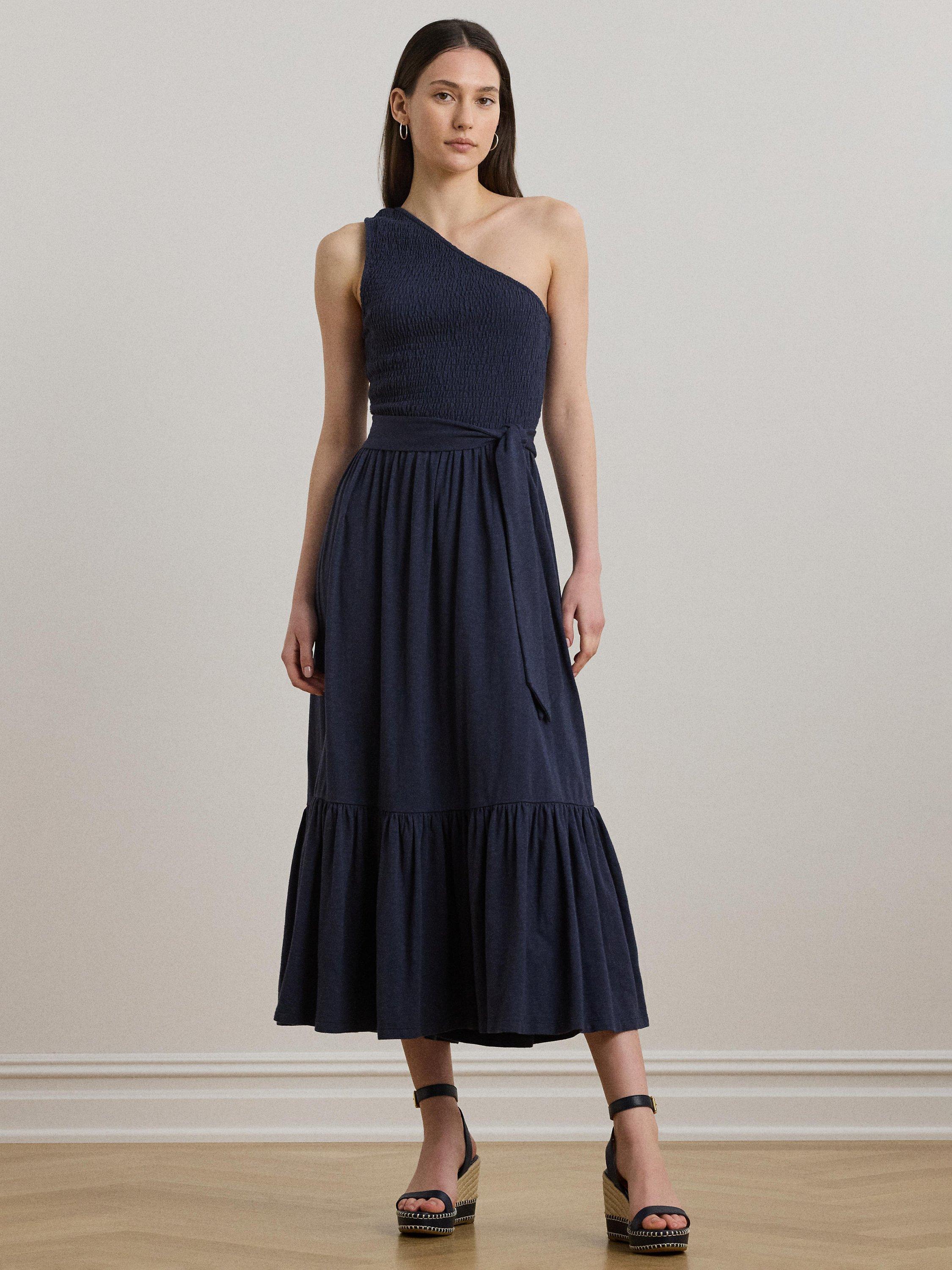 Product image 1 of 4, which shows Lauren Ralph Lauren Urielle Belted Slub Jersey One-Shoulder Dress, Shadow Navy, XS
