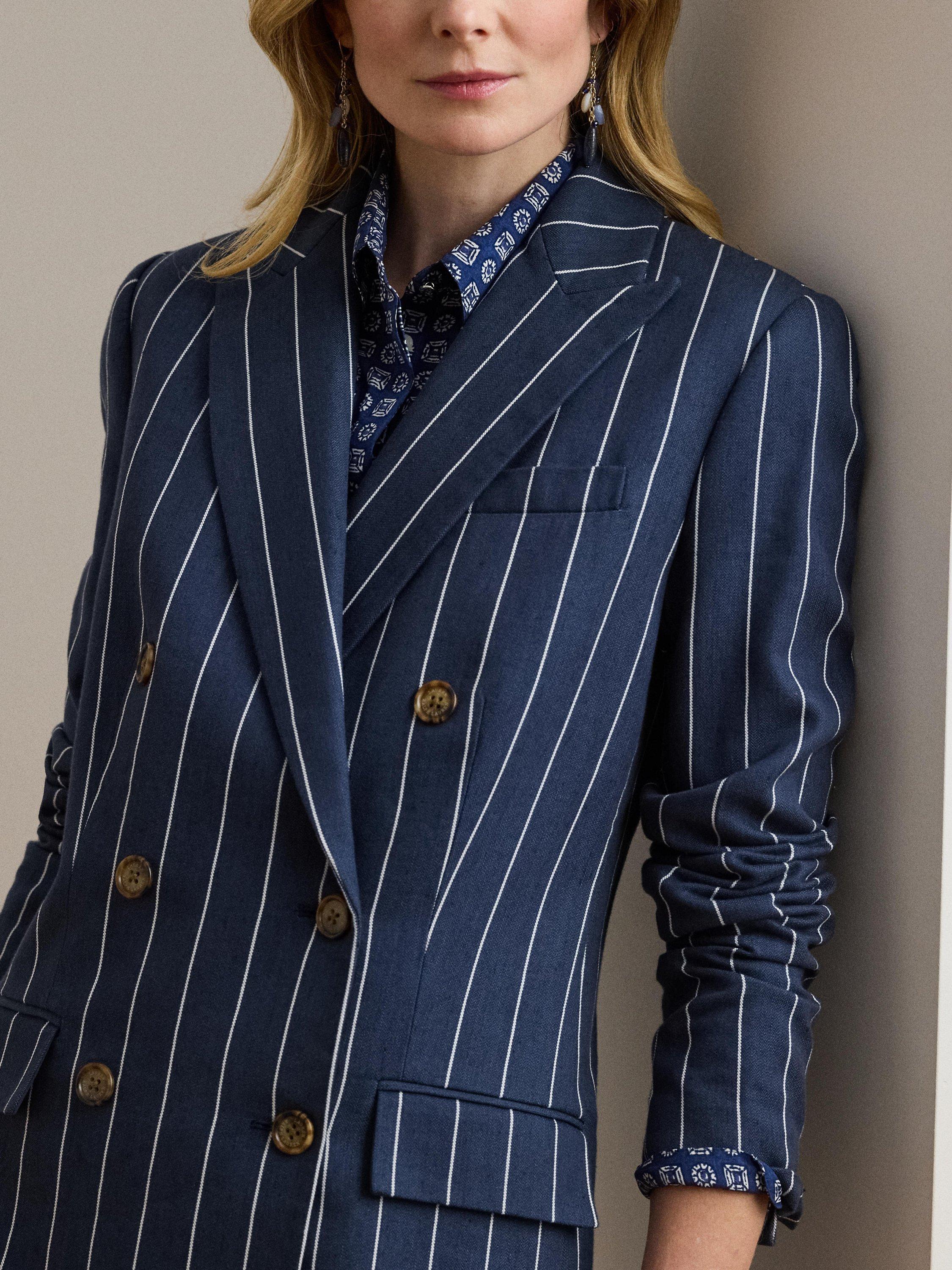 Product image 3 of 5, which shows Lauren Ralph Lauren Ryen Double Breasted Striped Blazer, Navy/White, 6