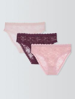 John Lewis Helenca Lace Bikini Knickers, Pack of 3, Burgundy/Pink