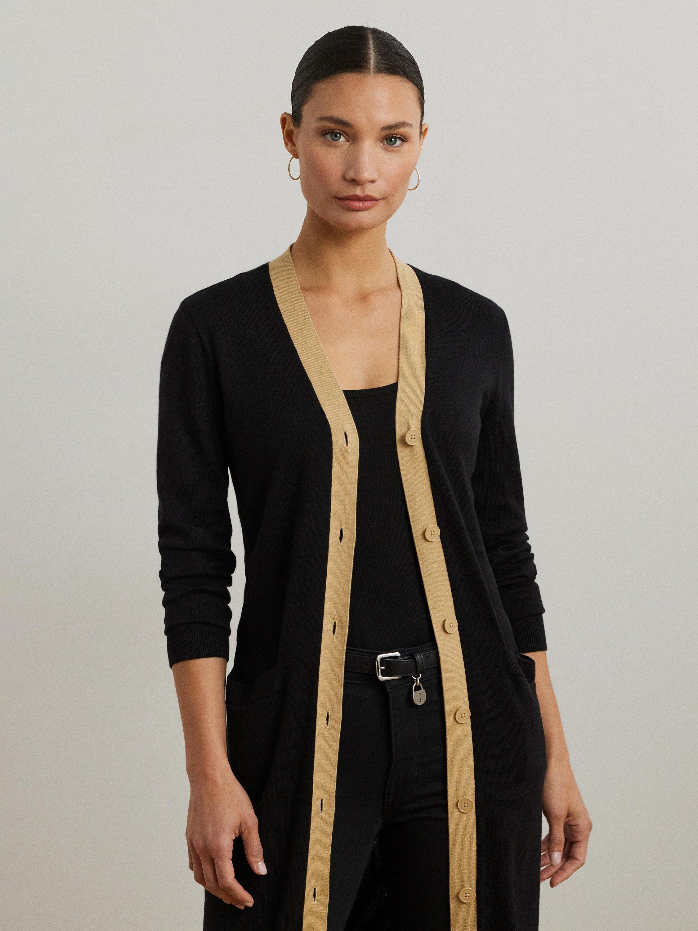 Product image 2 of 4, which shows Lauren Ralph Lauren Hejaji Colour Contrast Cardigan, Black/Birch Tan, XS