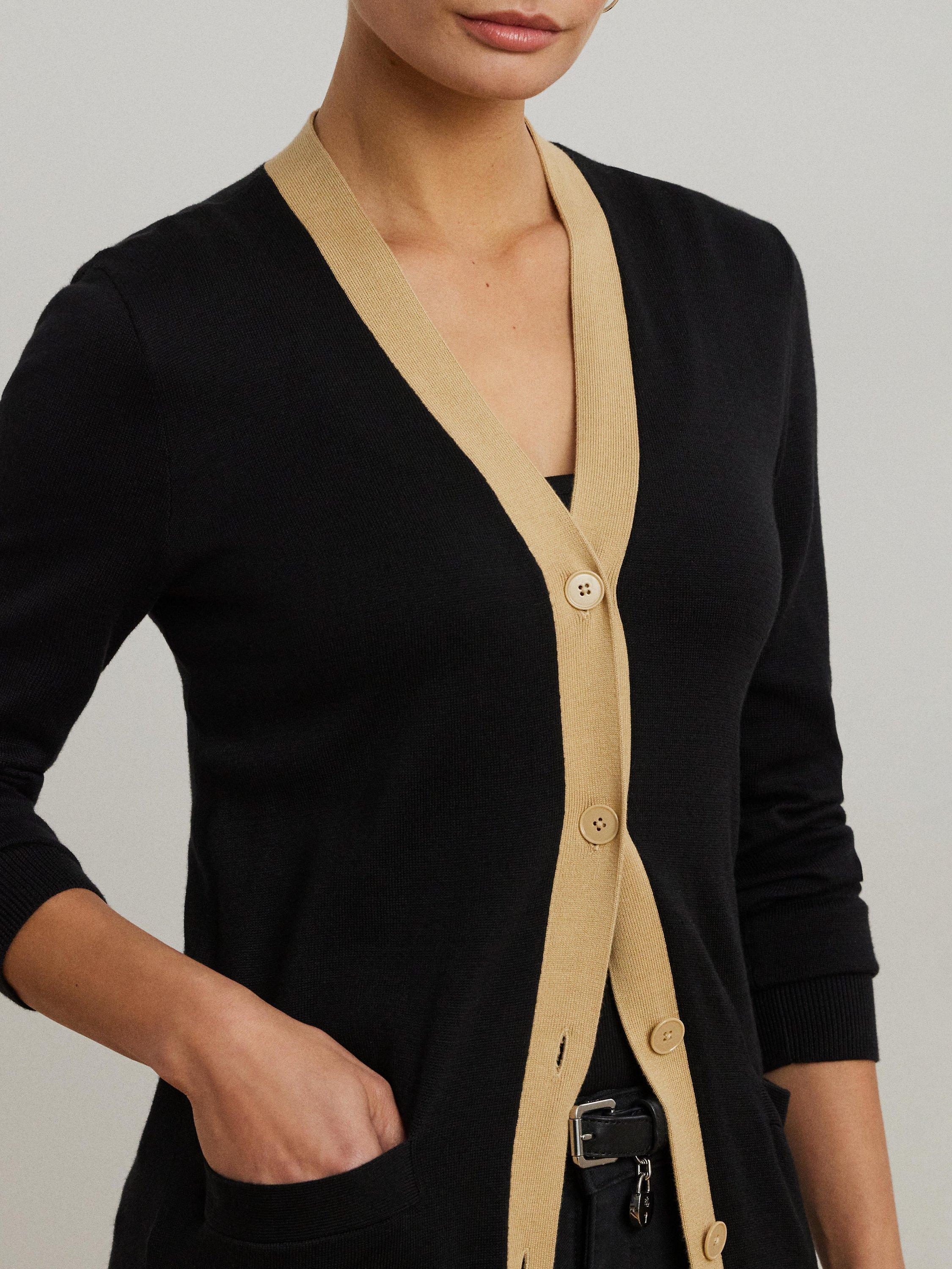 Product image 3 of 4, which shows Lauren Ralph Lauren Hejaji Colour Contrast Cardigan, Black/Birch Tan, XS