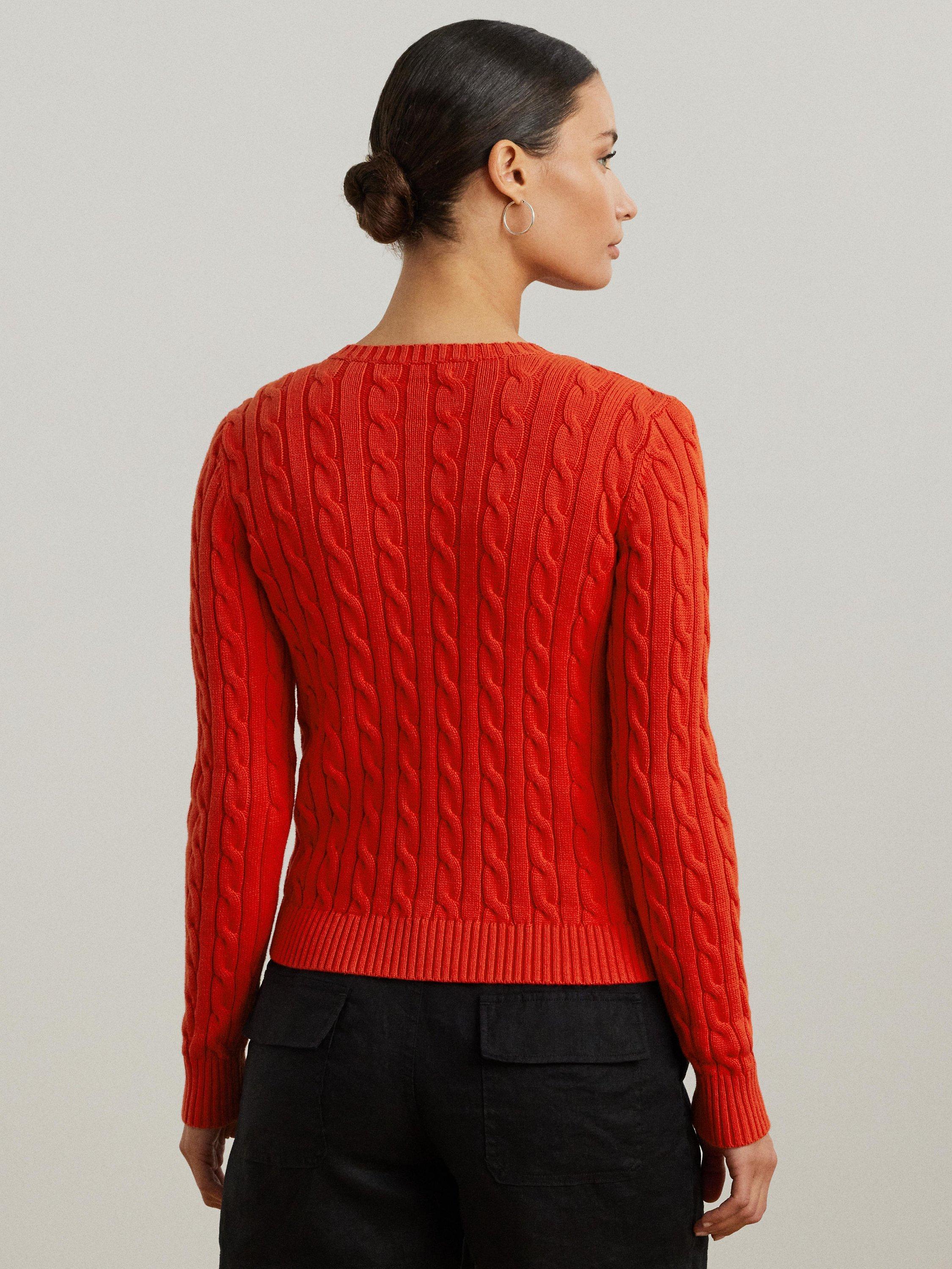 Product image 3 of 4, which shows Lauren Ralph Lauren Ralhan Cable Knit Cardigan, Bright Vermilion, XS