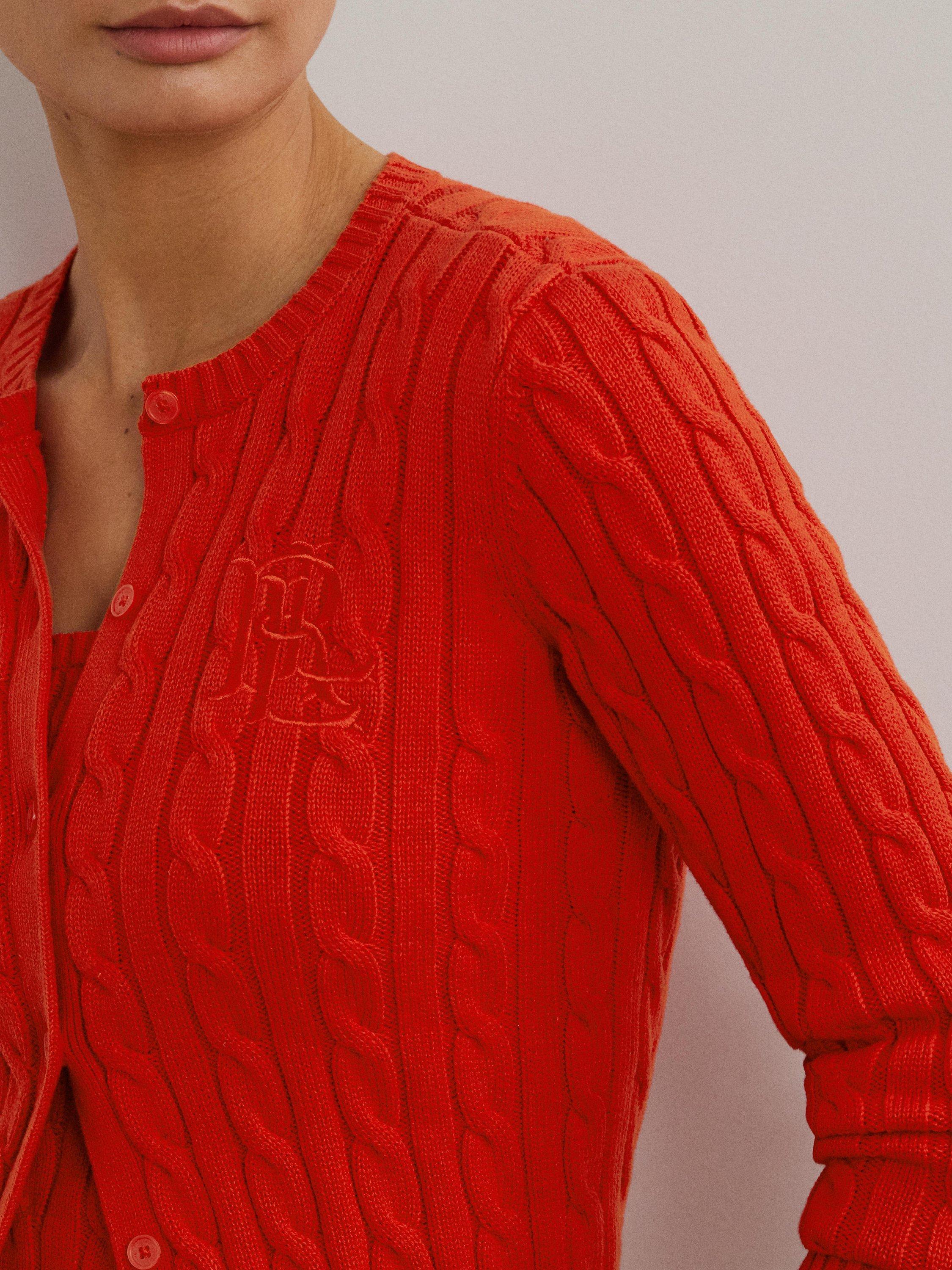Product image 4 of 4, which shows Lauren Ralph Lauren Ralhan Cable Knit Cardigan, Bright Vermilion, XS