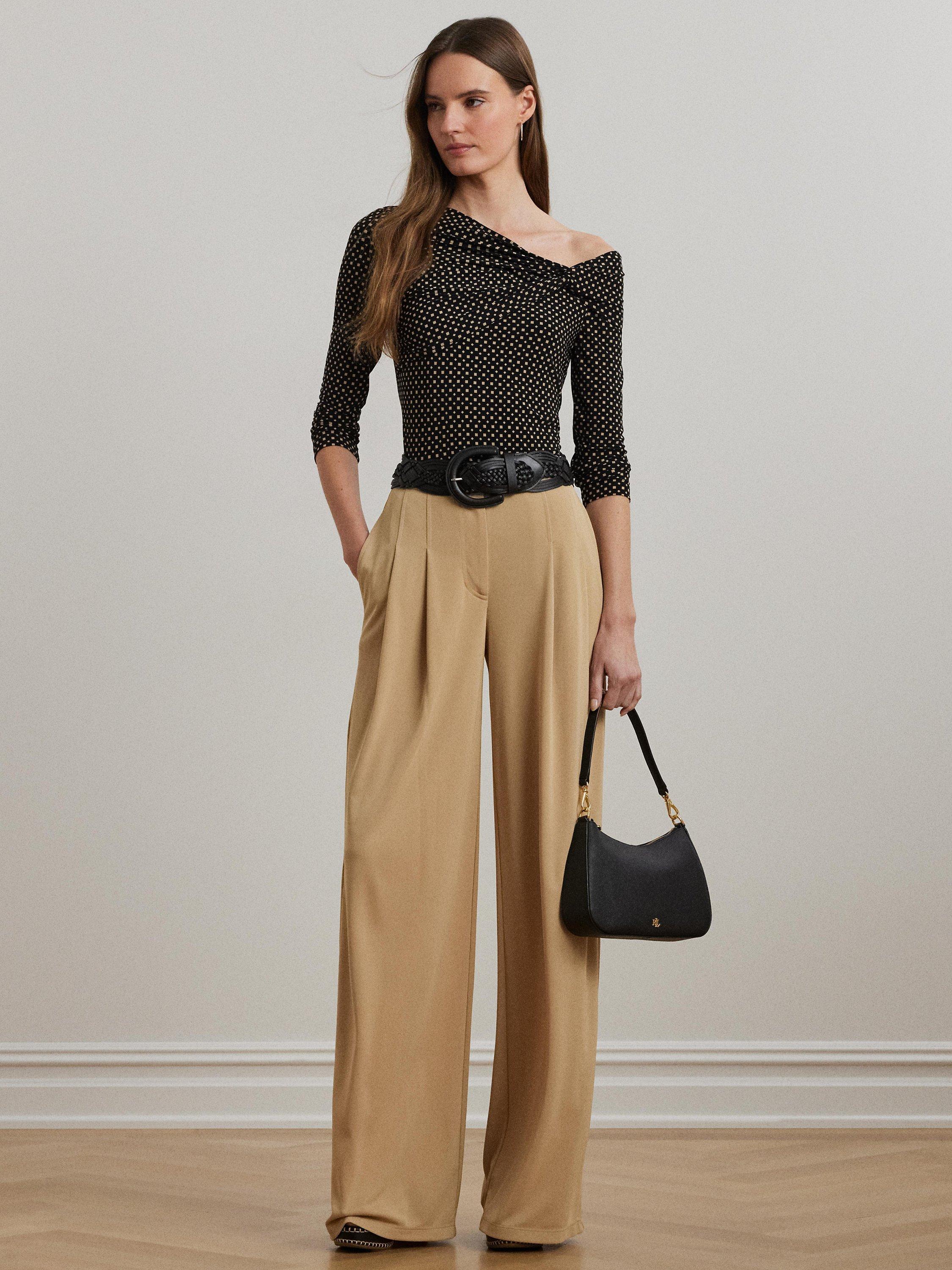 Product image 1 of 4, which shows Lauren Ralph Lauren Benilda One Shoulder Dot Print Top, Black-tan, XS