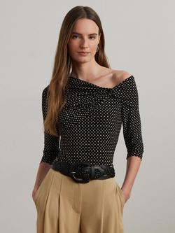 Lauren Ralph Lauren Benilda One Shoulder Dot Print Top, Black/Tan - view 2, Black-tan