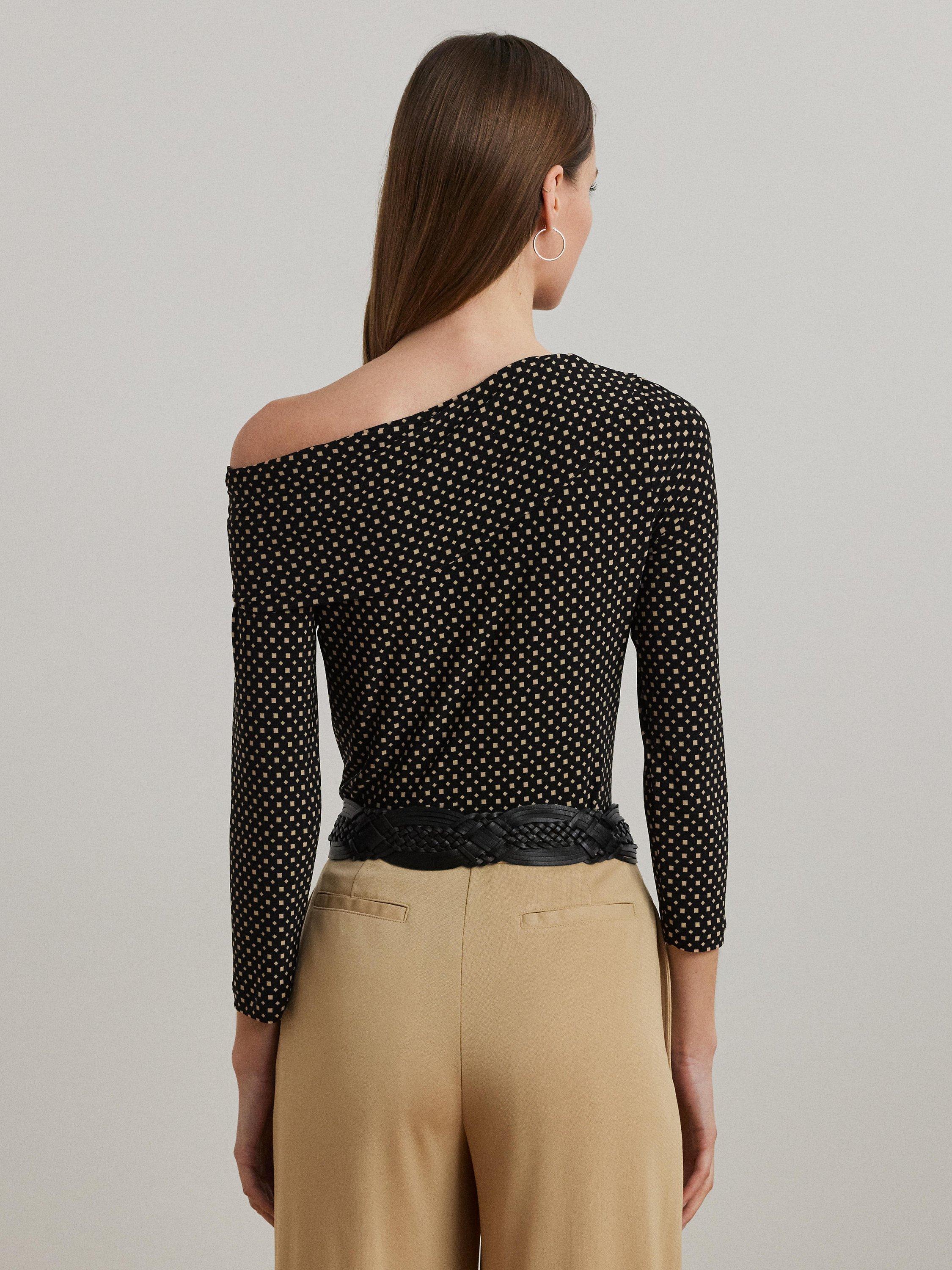 Product image 4 of 4, which shows Lauren Ralph Lauren Benilda One Shoulder Dot Print Top, Black-tan, XS