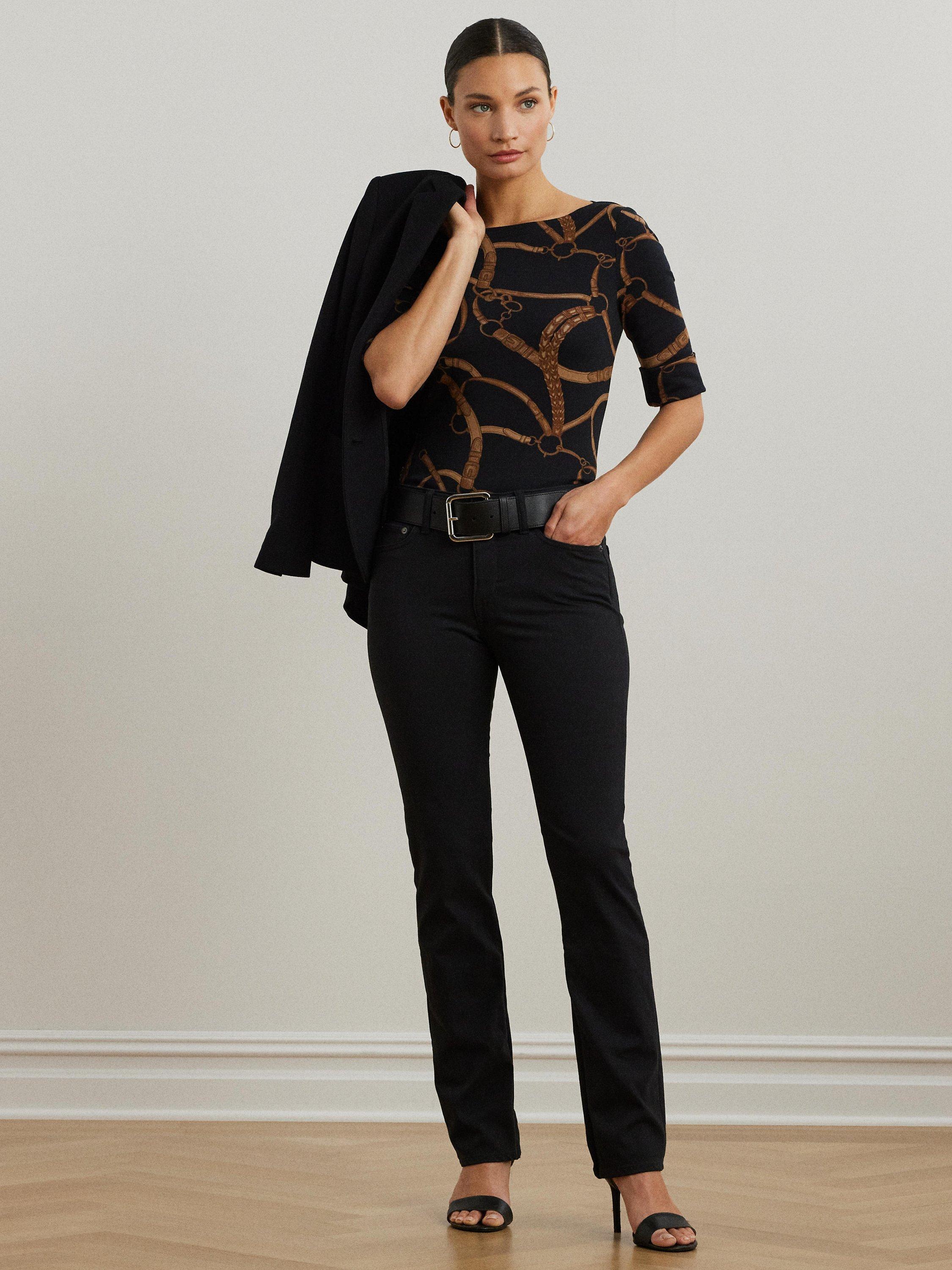 Product image 1 of 4, which shows Lauren Ralph Lauren Belt Print T-Shirt, Black/Tan, XS