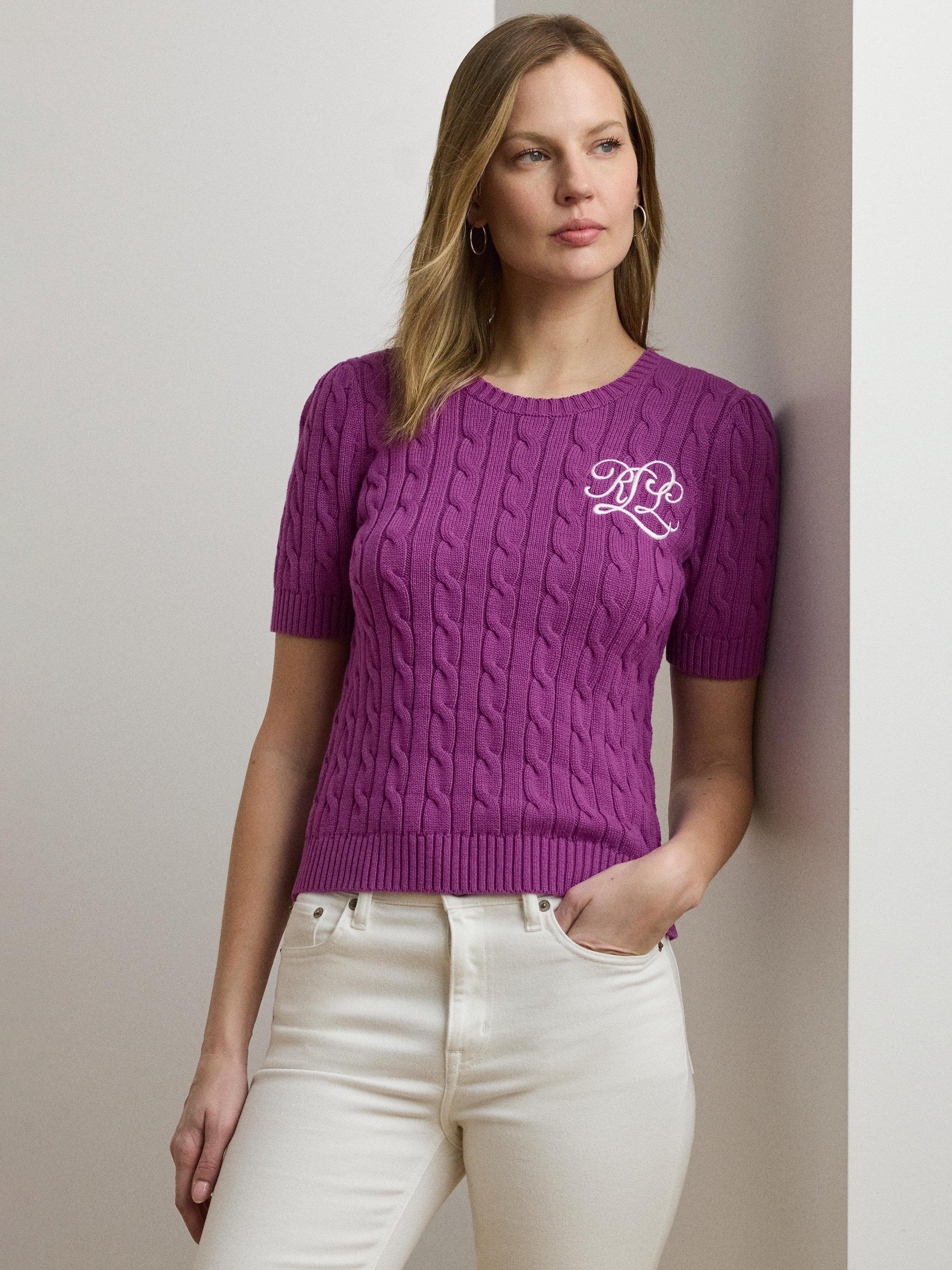 Product image 3 of 5, which shows Lauren Ralph Lauren Tarjyll Logo Cable Knit Jumper, Purple Dawn, XS