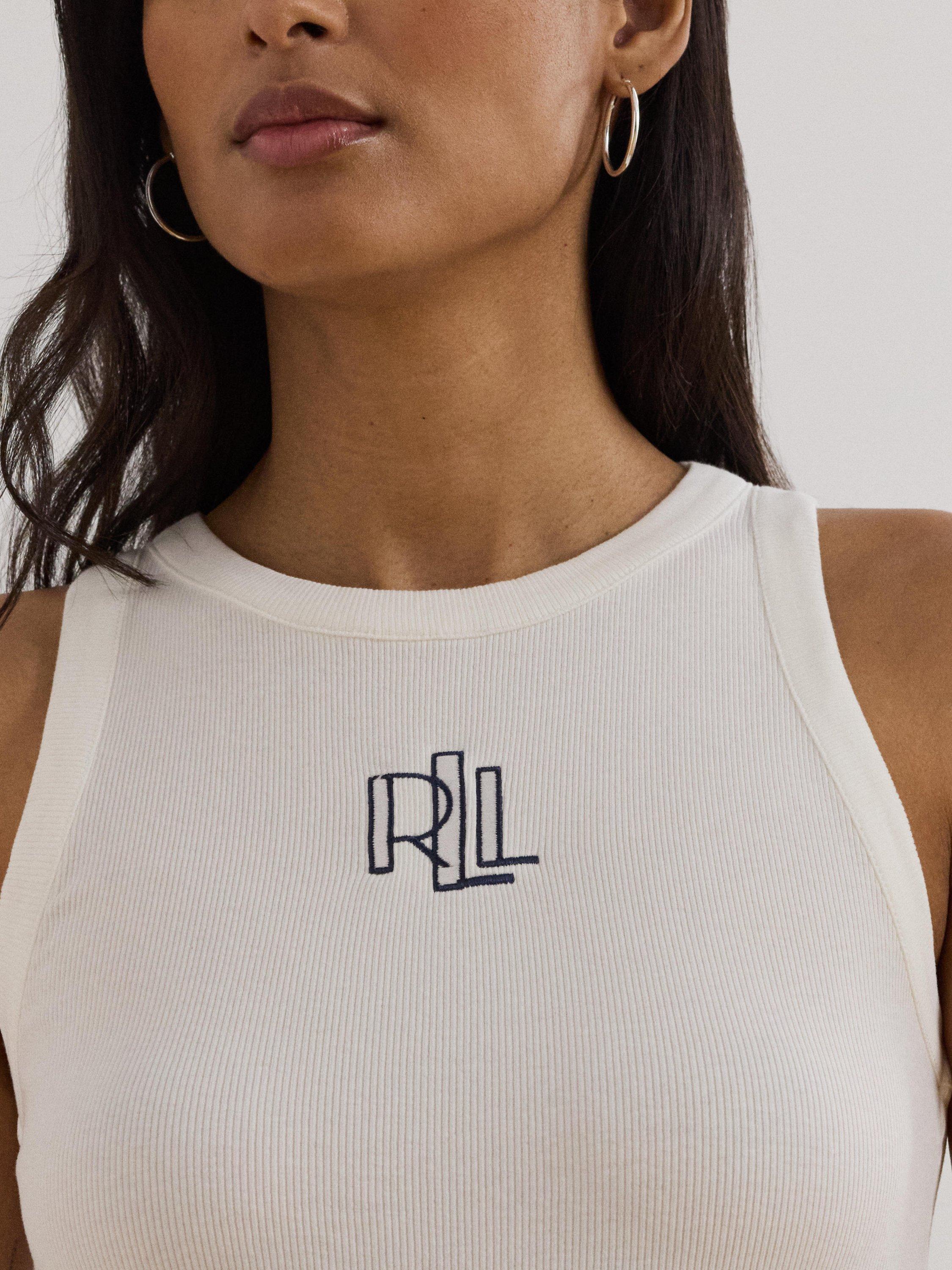 Product image 3 of 4, which shows Lauren Ralph Lauren Tonasha Logo Ribbed Tank Top, White, XS