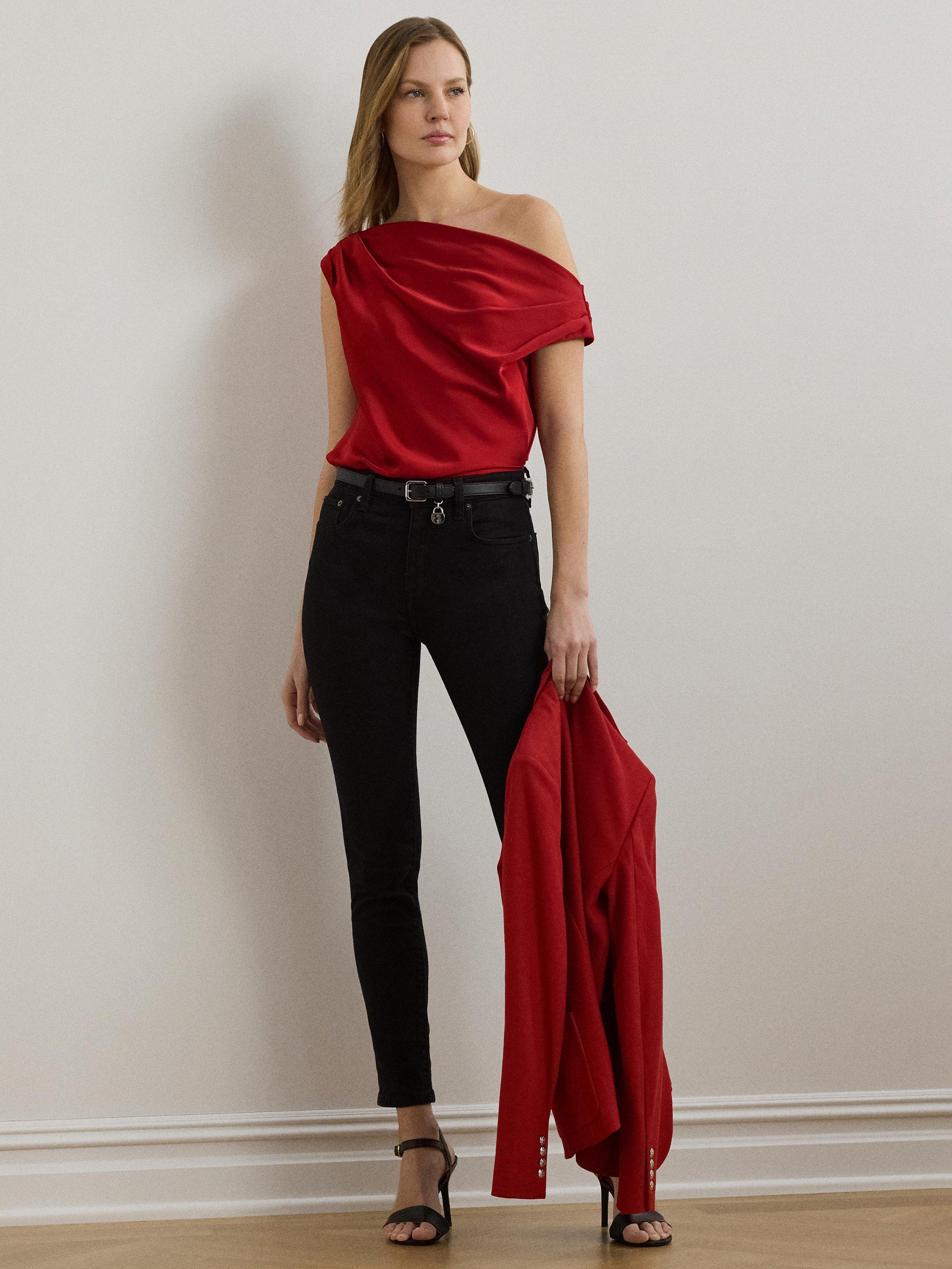 Product image 1 of 4, which shows Lauren Ralph Lauren Kinthea Satin Top, Madison Red, XS