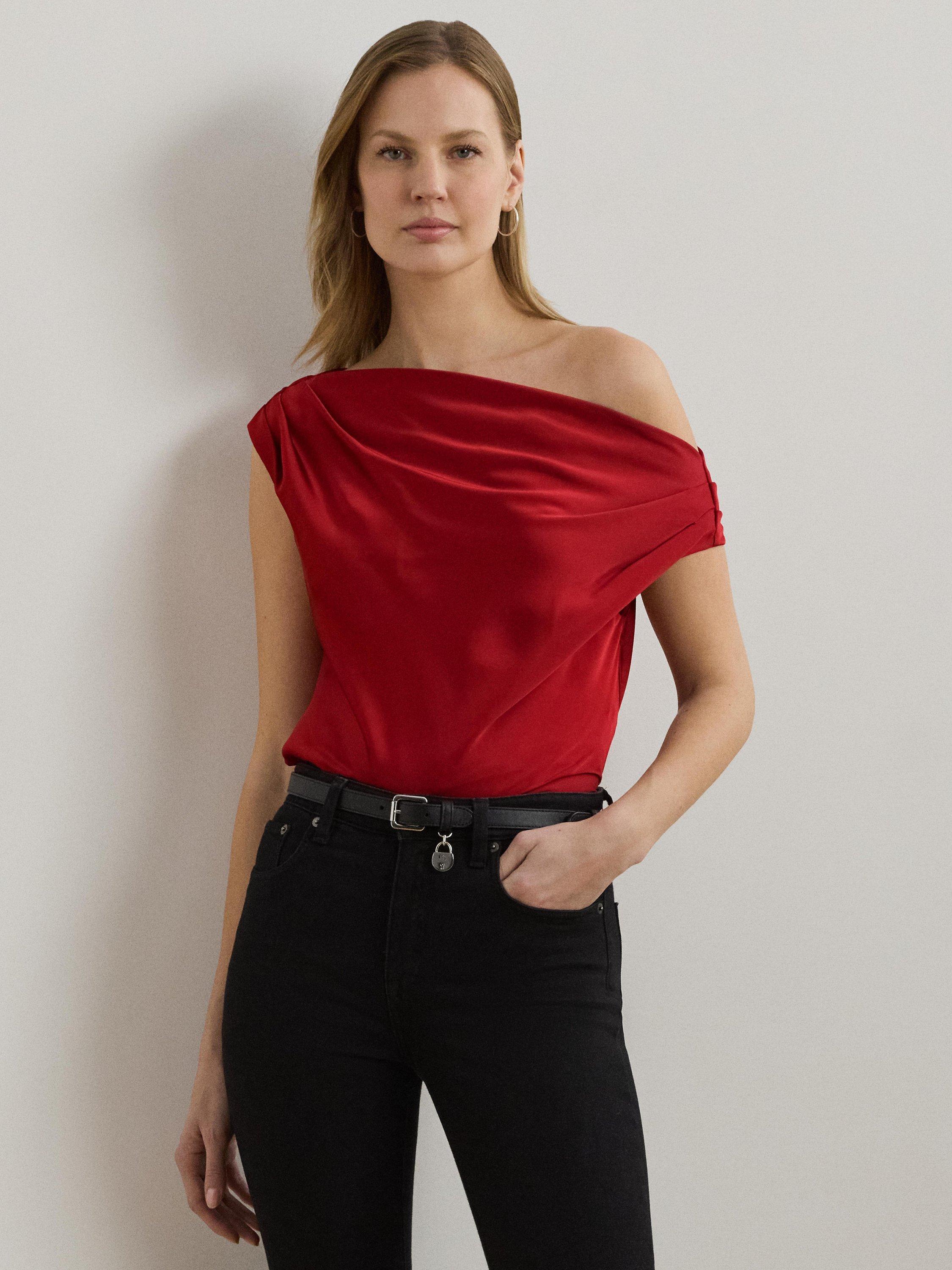 Product image 2 of 4, which shows Lauren Ralph Lauren Kinthea Satin Top, Madison Red, XS