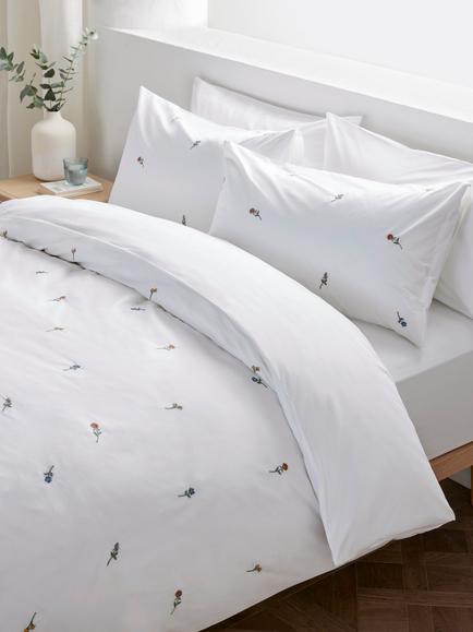 John Lewis Berkeley Floral Pure Cotton Embroidered Percale Duvet Cover Set, 200 Thread Count - view 2, White