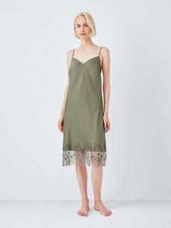 John Lewis Lace Trim Satin Chemise, Khaki, Khaki