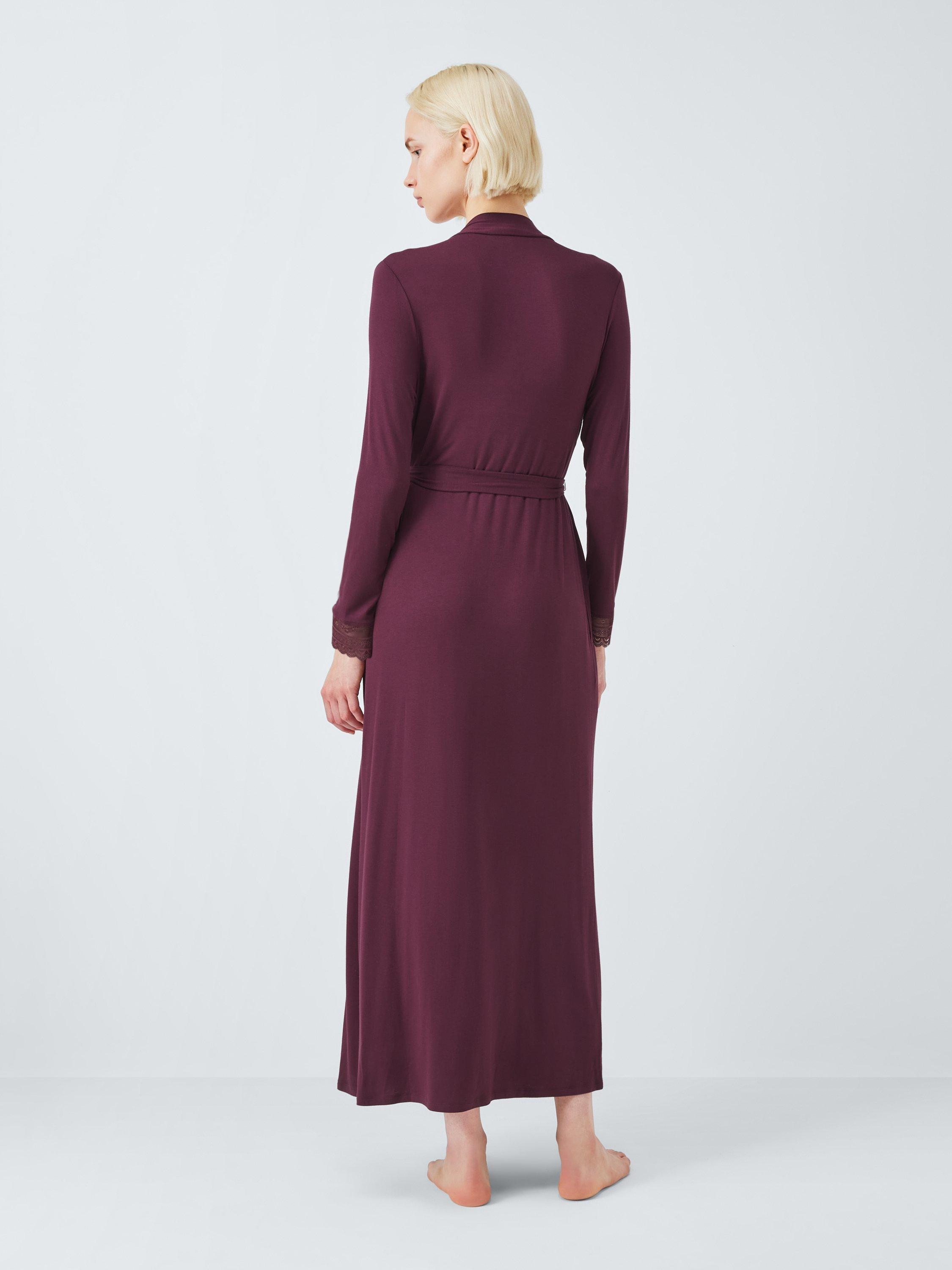 Product image 2 of 6, which shows John Lewis Willow Lace Midi Dressing Gown, Fig, M