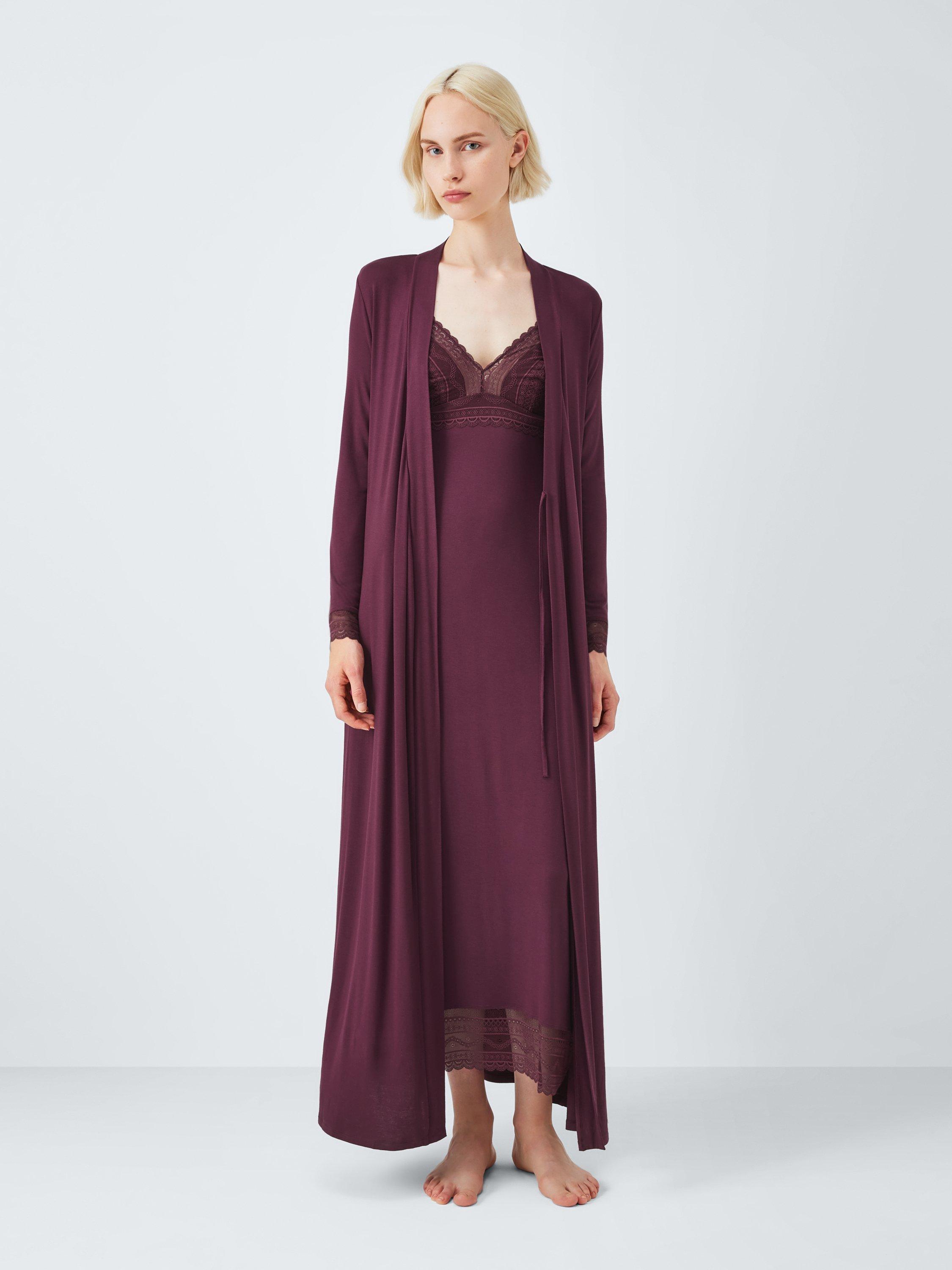 Product image 3 of 6, which shows John Lewis Willow Lace Midi Dressing Gown, Fig, M