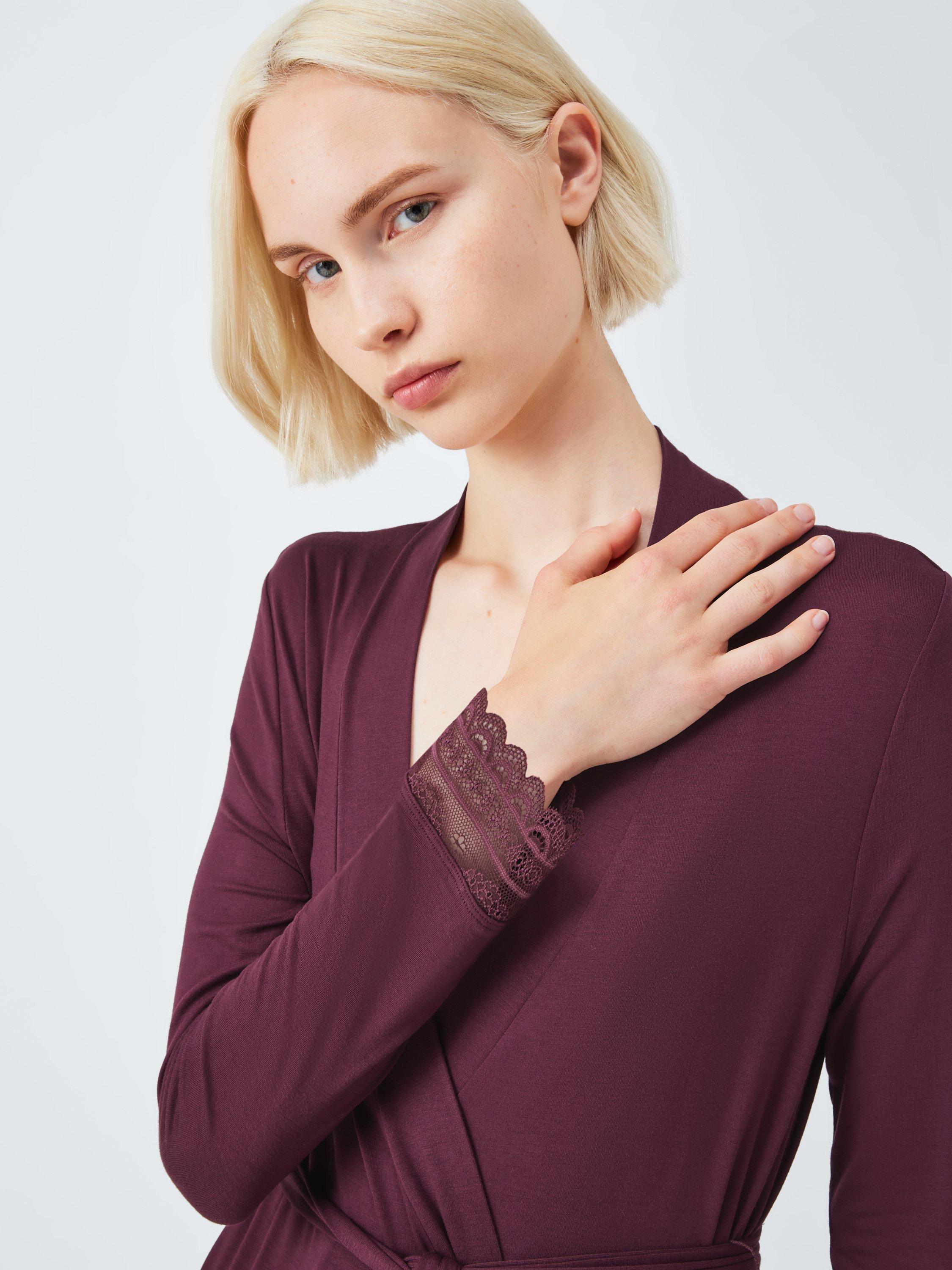 Product image 5 of 6, which shows John Lewis Willow Lace Midi Dressing Gown, Fig, M